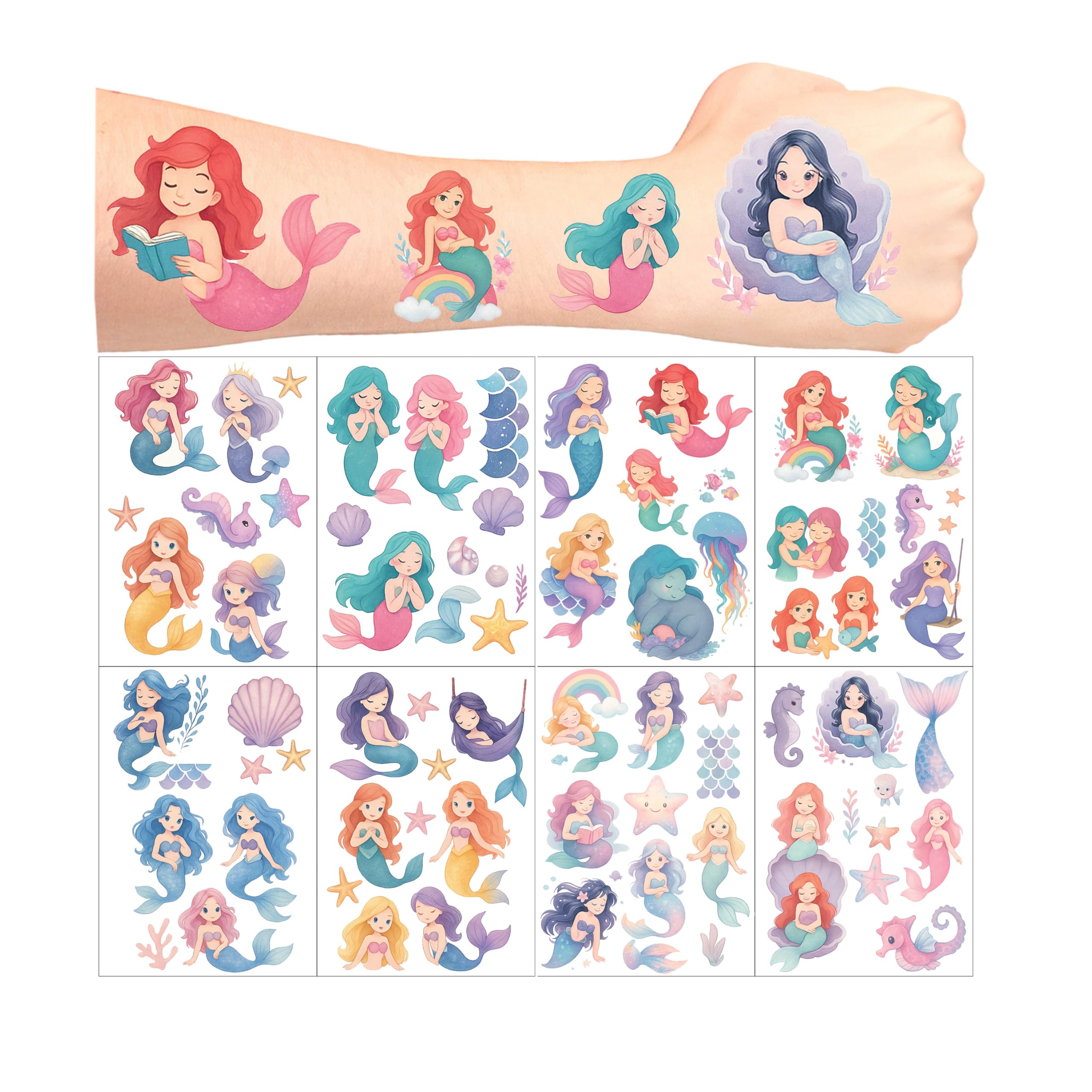 8Sheet - 110PCS Mermaid Temporary Tattoos for Kids – Cartoon Fake Tattoos Stickers for Birthday Party Favors, Gifts, DIY Decoration & Fun Activities – Waterproof & Skin-Safe (Mermaid)
