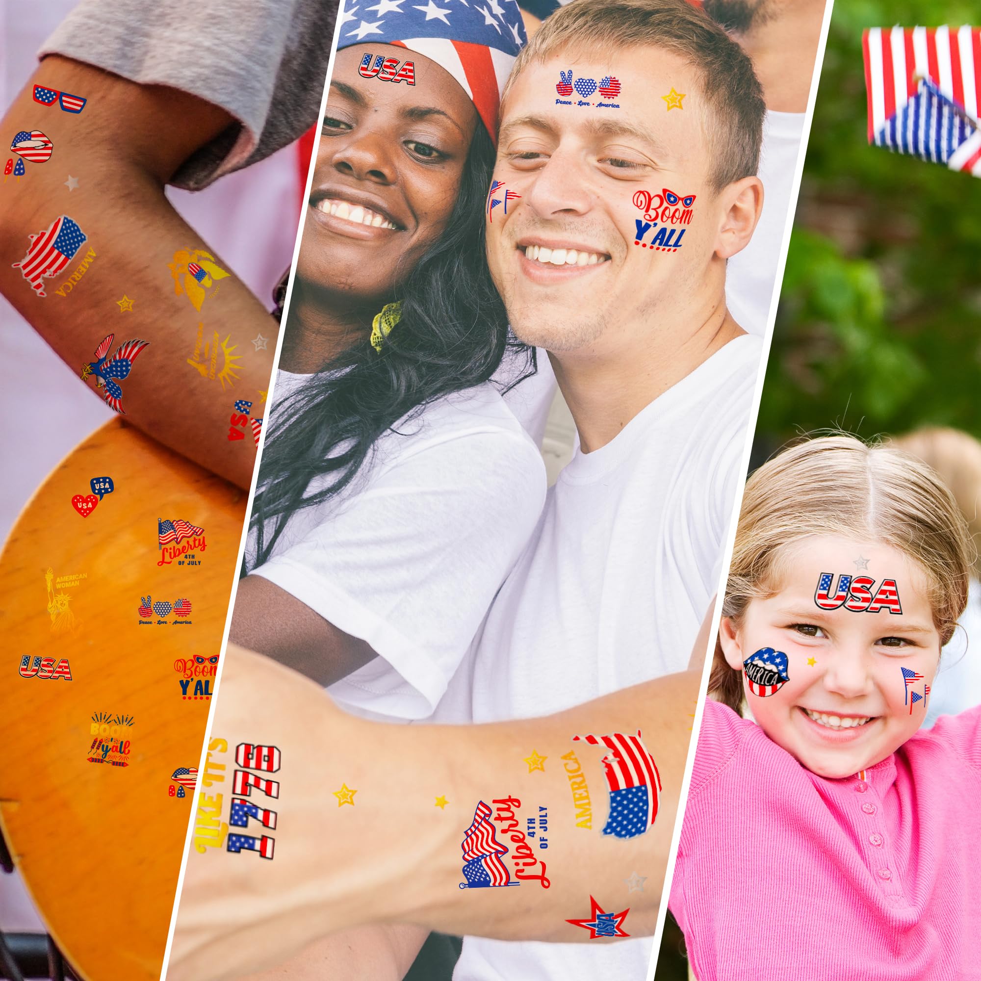 64 PCS 4 Sheets 4th of July Temporary Tattoo Set, Patriotic Party Face Body Decorations, American Flag Independence Long Lasting Tattoo Stickers for Kids Adults, Red White and Blue Accessories