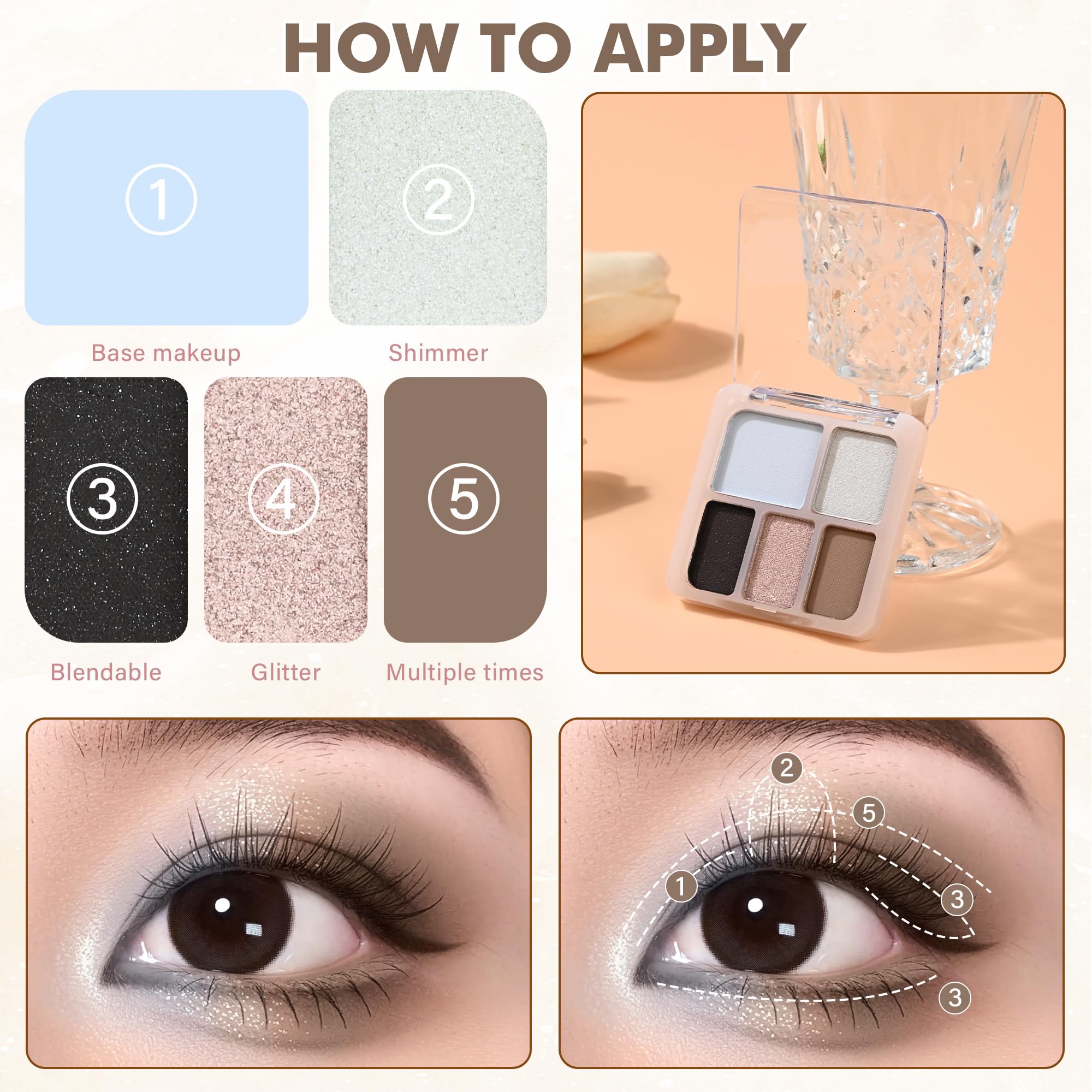 5 Colors Light Blue Champagne Black Gray Eyeshadow Palette for Women，Neutral Shimmer Matte Eyeshadow，High-Pigmented Makeup，Blendable，sombras para ojos，Mini Travel Eyeshadows for Smoky Looks 06