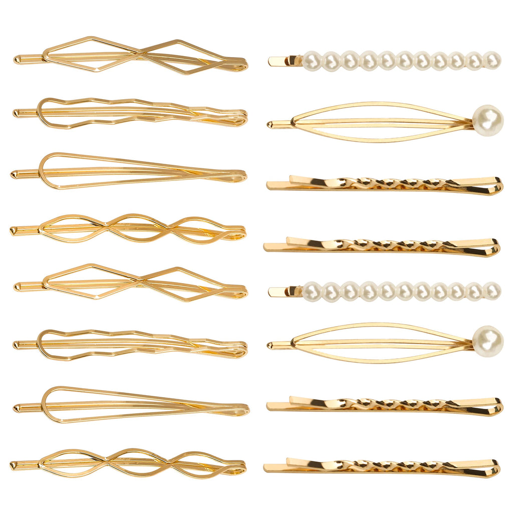 16 Pieces Geometric Metal Hair Pins, Pearls Hair Clips Elegant Hair Barrettes Bridal Gold Metal Bobby Pins Dainty Embellished Bobby Pins for Woman and Girls