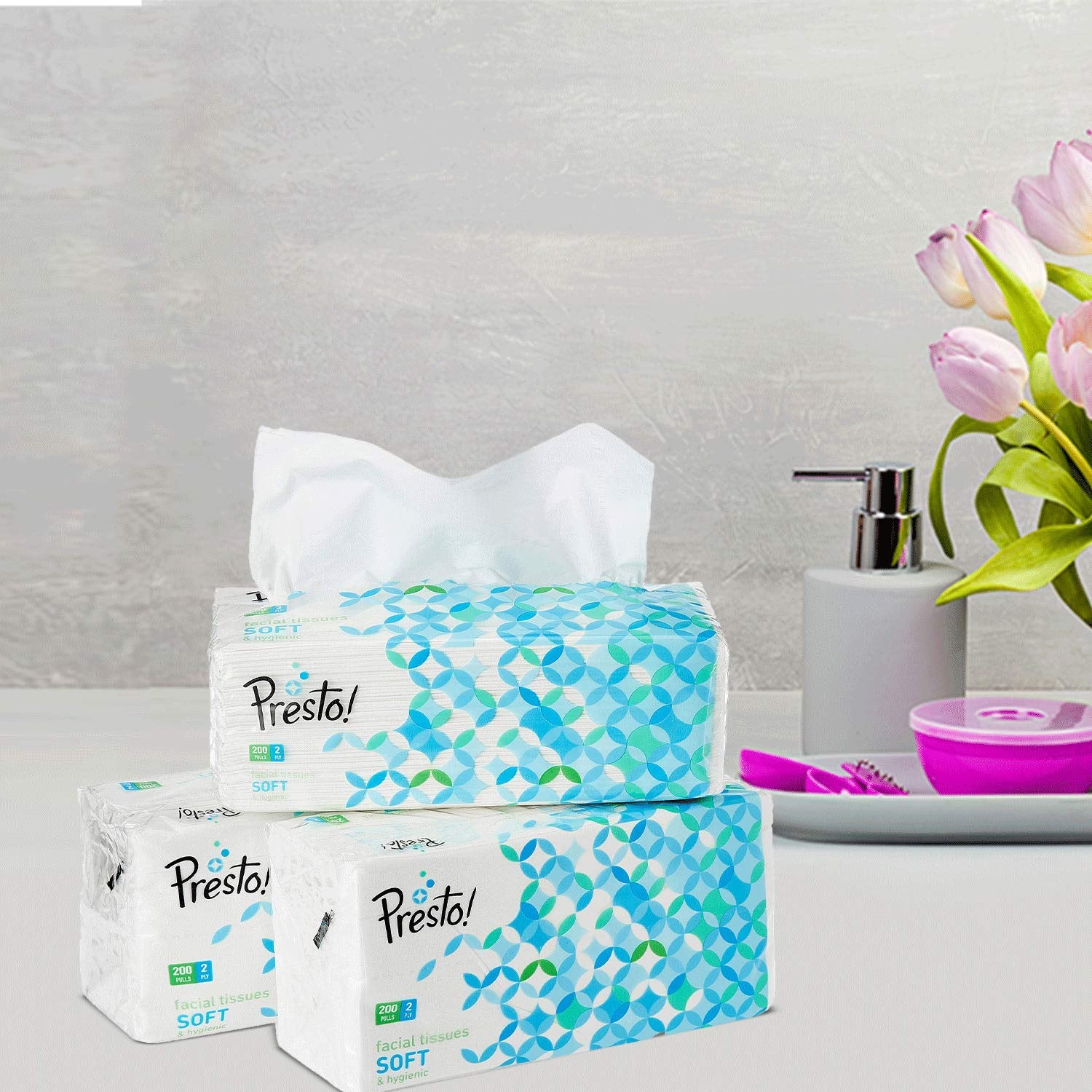 Amazon Brand - Presto! 2 Ply Facial Tissue Box | 600 Pulls | 200 Pulls X 3 Cartons | Soft And Highly Absorbent | 100% Natural Virgin Cellulose Fiber