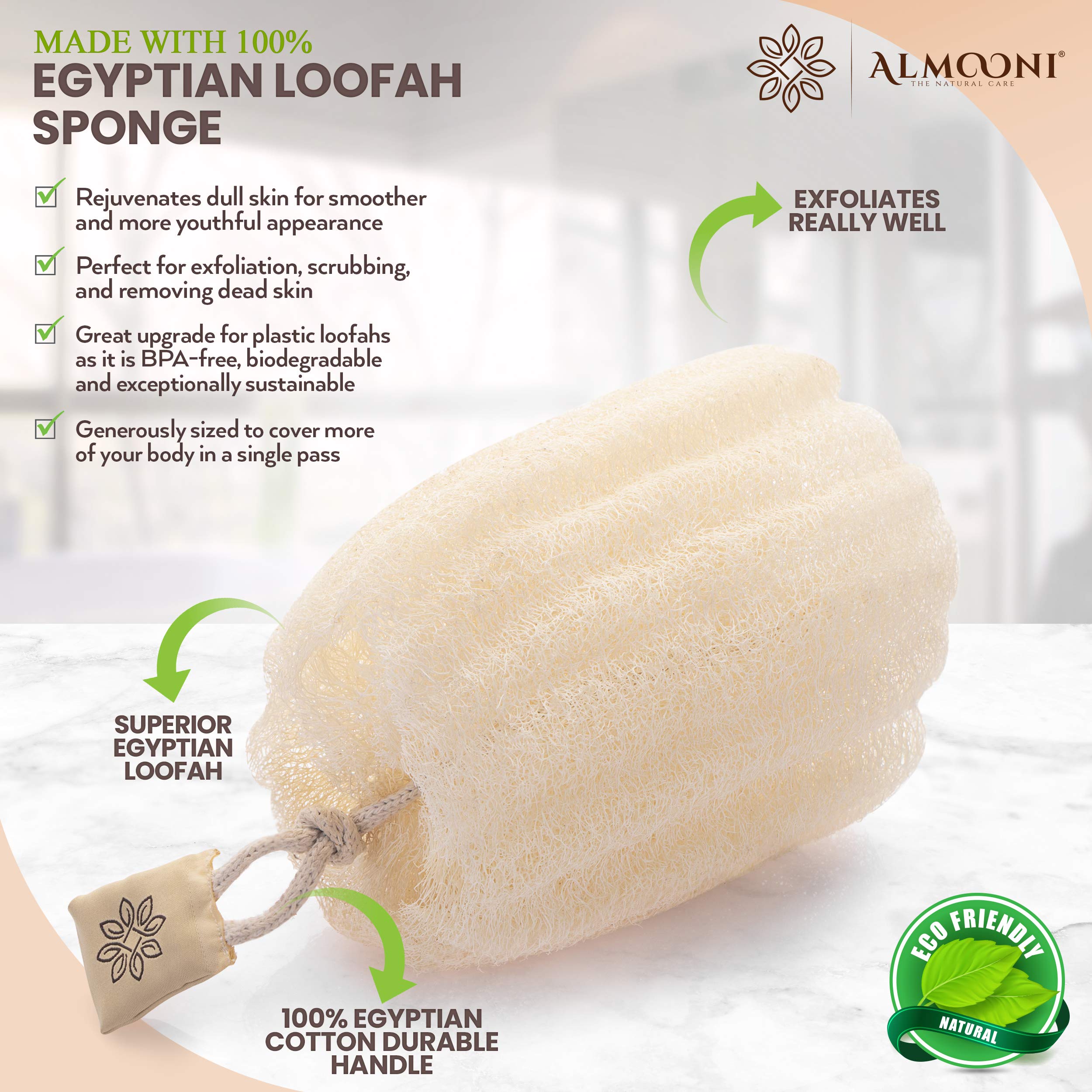 ALMOONI 100% Natural Organic Egyptian Loofah Sponges, Large Exfoliating Shower Loofah Body Scrubbers Buff Away Dead Skin For Smoother, More Radiant Appearance (3 Pack), Luxurious Packaging