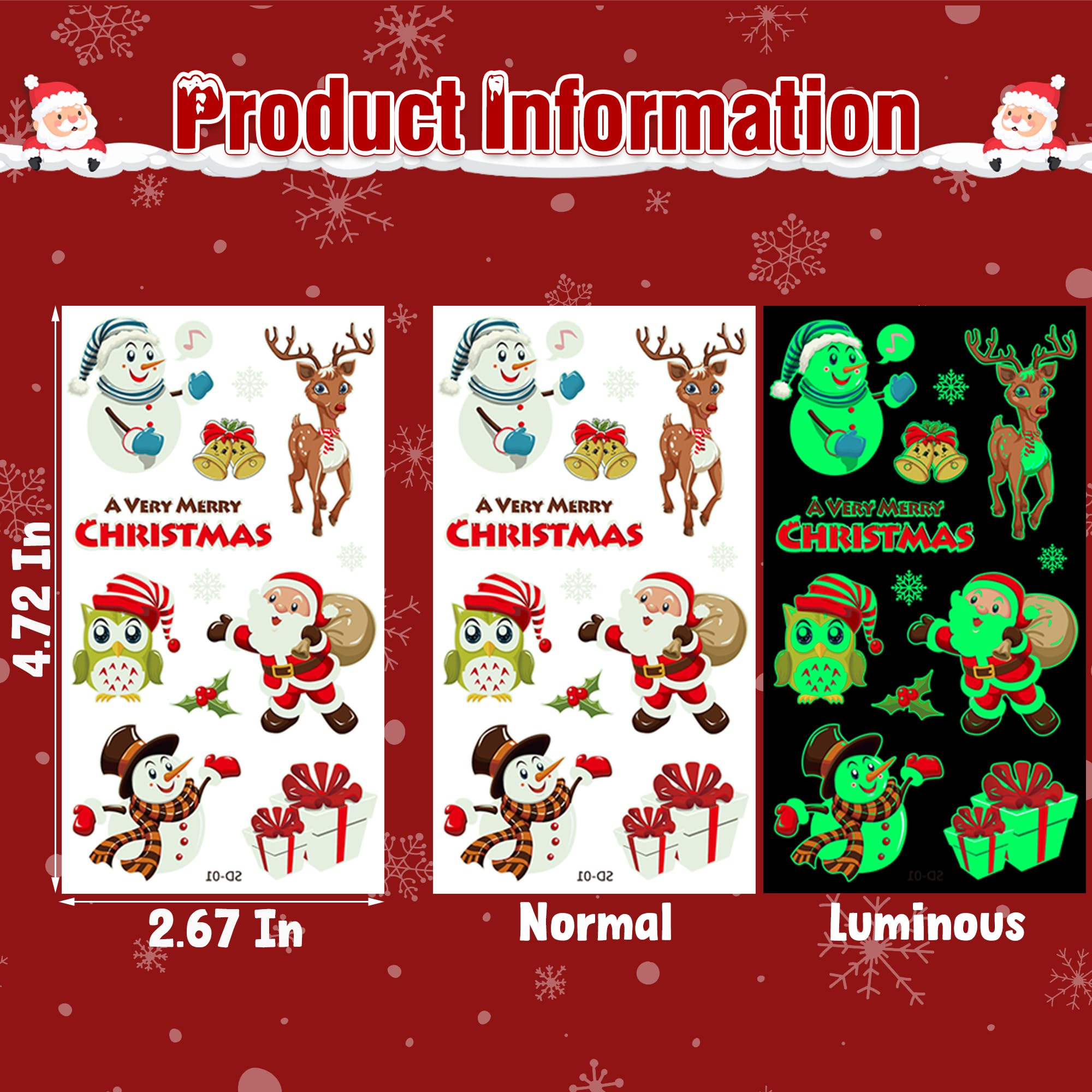 10 Sheets Luminous Christmas Tattoos, Christmas Temporary Tattoos, Bulk Stocking Stuffers, Merry Xmas Party Decorations Supplies, Xmas Goodie Bag Stuffers Candy