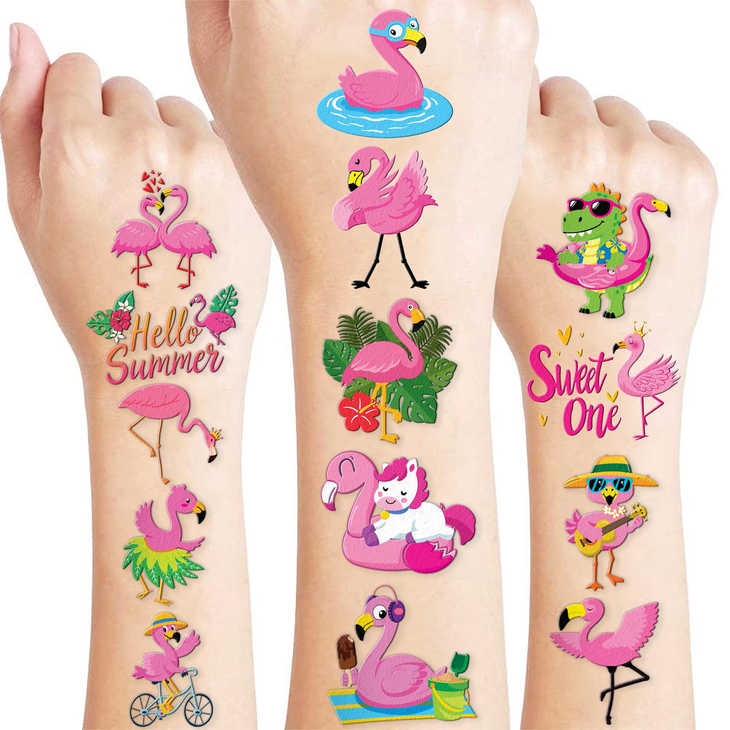 96 PCS Funny Cute Flamingo Summer Hawaiian Luau Pre-Cut Temporary Tattoos for Kids | Super Cute Themed Birthday Party Favors, Supplies, Decorations, Fake Tattoos, Rewards Gifts Boys Girls