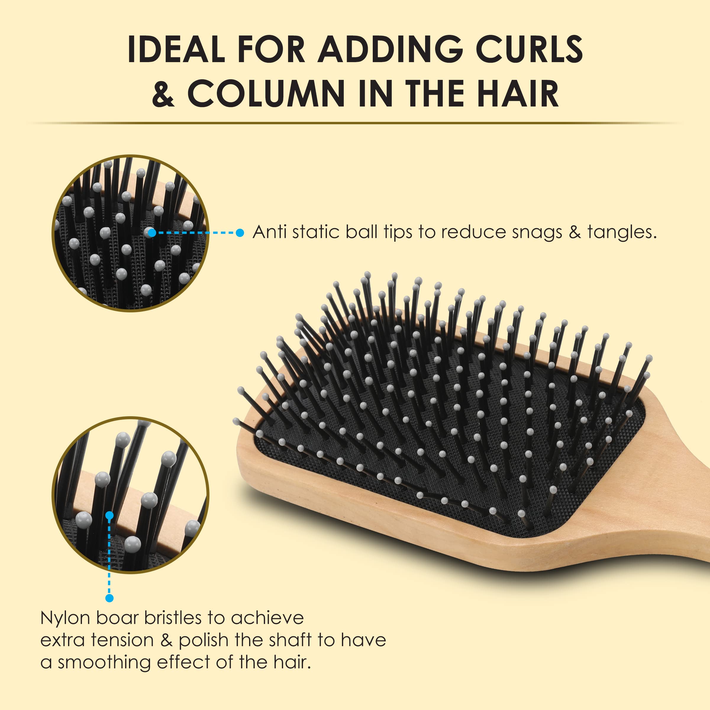 AGARO Wooden Paddle Hair Brush with Strong & flexible nylon bristles having Anti static ball tips, For Grooming, Straightening, Smoothing, Detangling Hair, ideal for Men, Women & Kids.