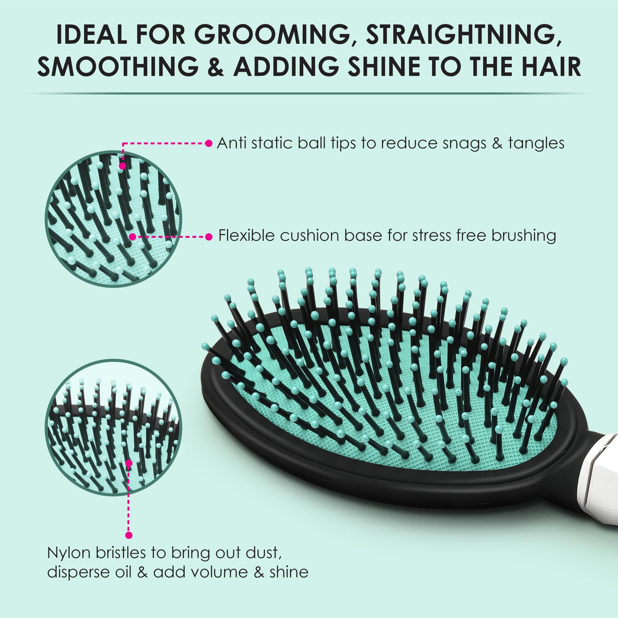 AGARO Classic Cushion Hair Brush with Strong & flexible nylon bristles, having Anti-static ball tips, for Grooming, Straightening, Detangling Hair, Ideal for Men & Women, Cyan
