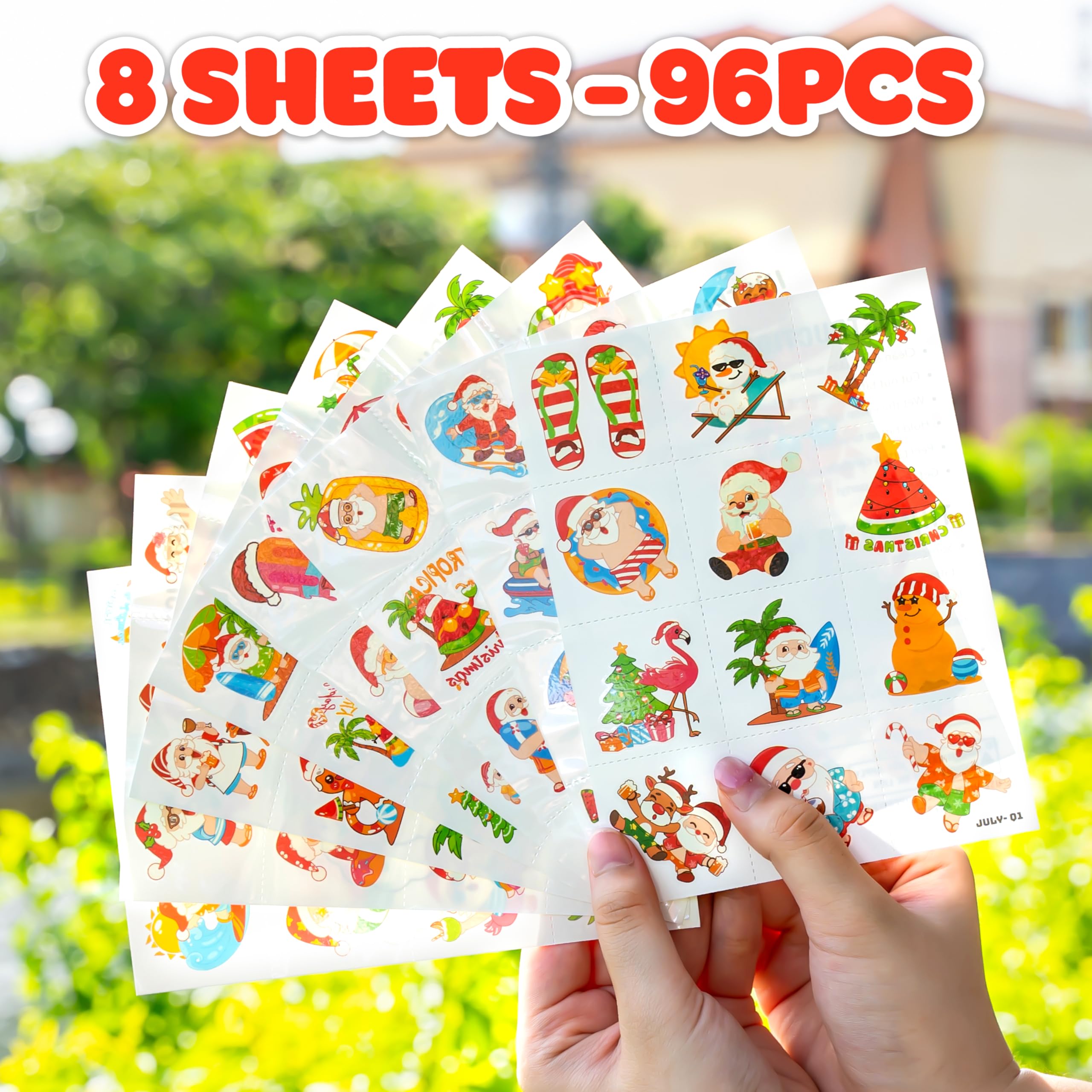 96 PCS Happy July Summer Holiday Pre-Cut Temporary Tattoos for Kids | Super Cute Themed Birthday Party Favors, Supplies, Decorations, Month Fake Tattoo Stickers, School Rewards & Gifts Boys & Girls