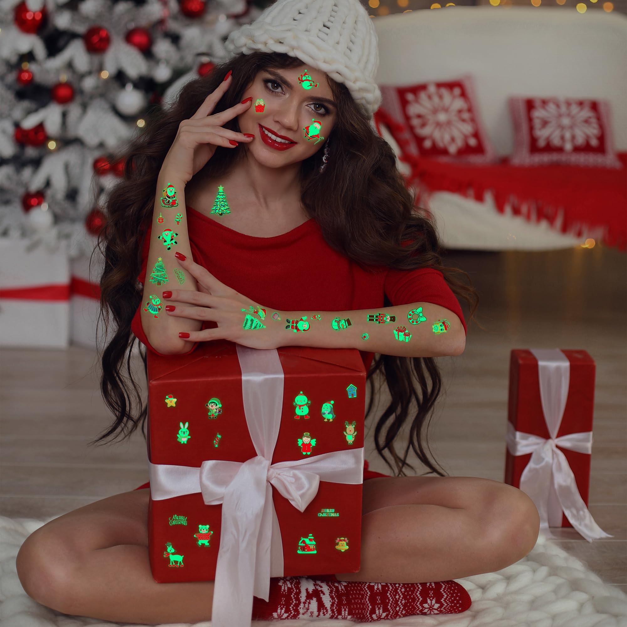 10 Sheets Luminous Christmas Tattoos, Christmas Temporary Tattoos, Bulk Stocking Stuffers, Merry Xmas Party Decorations Supplies, Xmas Goodie Bag Stuffers Candy