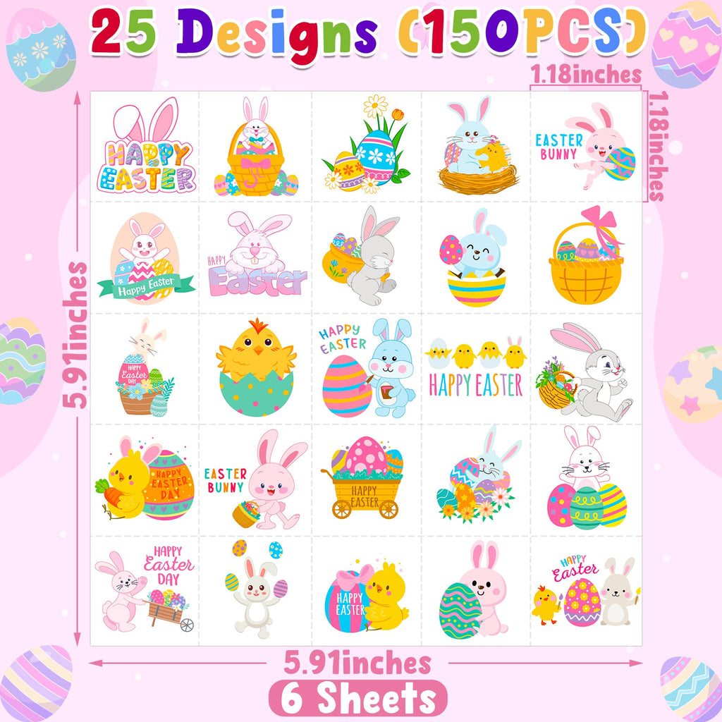 150 PCS Easter Tattoos, 6 Sheets Spring Basket Stuffers Fake Tattoos with Bunny Egg, Cute Individually Stickers for Easter Basket Filler Party Favors Accessories