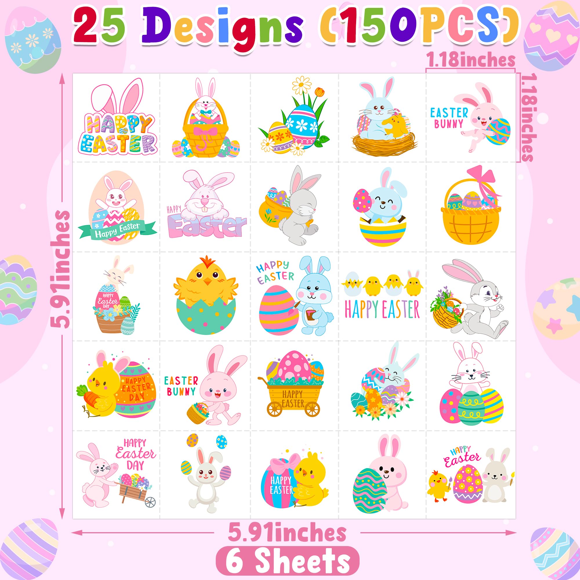 150 PCS Easter Tattoos, 6 Sheets Spring Basket Stuffers Fake Tattoos with Bunny Egg, Cute Individually Stickers for Easter Basket Filler Party Favors Accessories