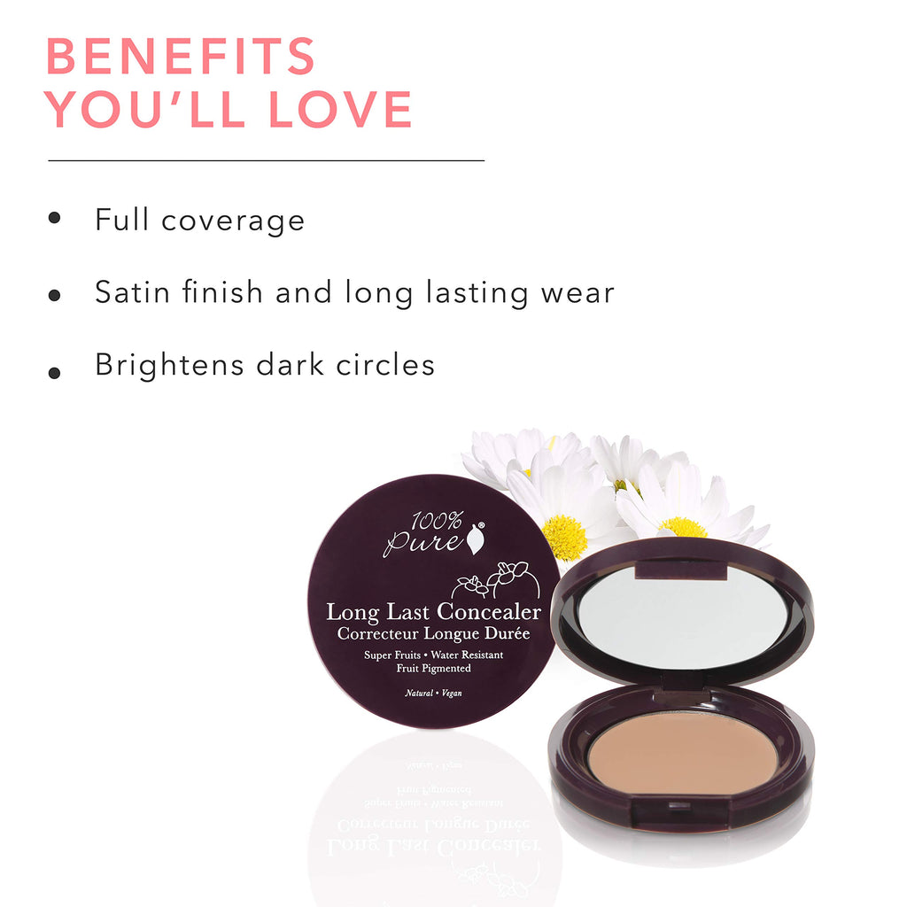 100% PURE Fruit Pigmented Long Last Compact Concealer, Golden Peach, Full Coverage Concealer, Diminish Dark Circles (Medium to Tan with Yellow Undertones) - 0.11oz