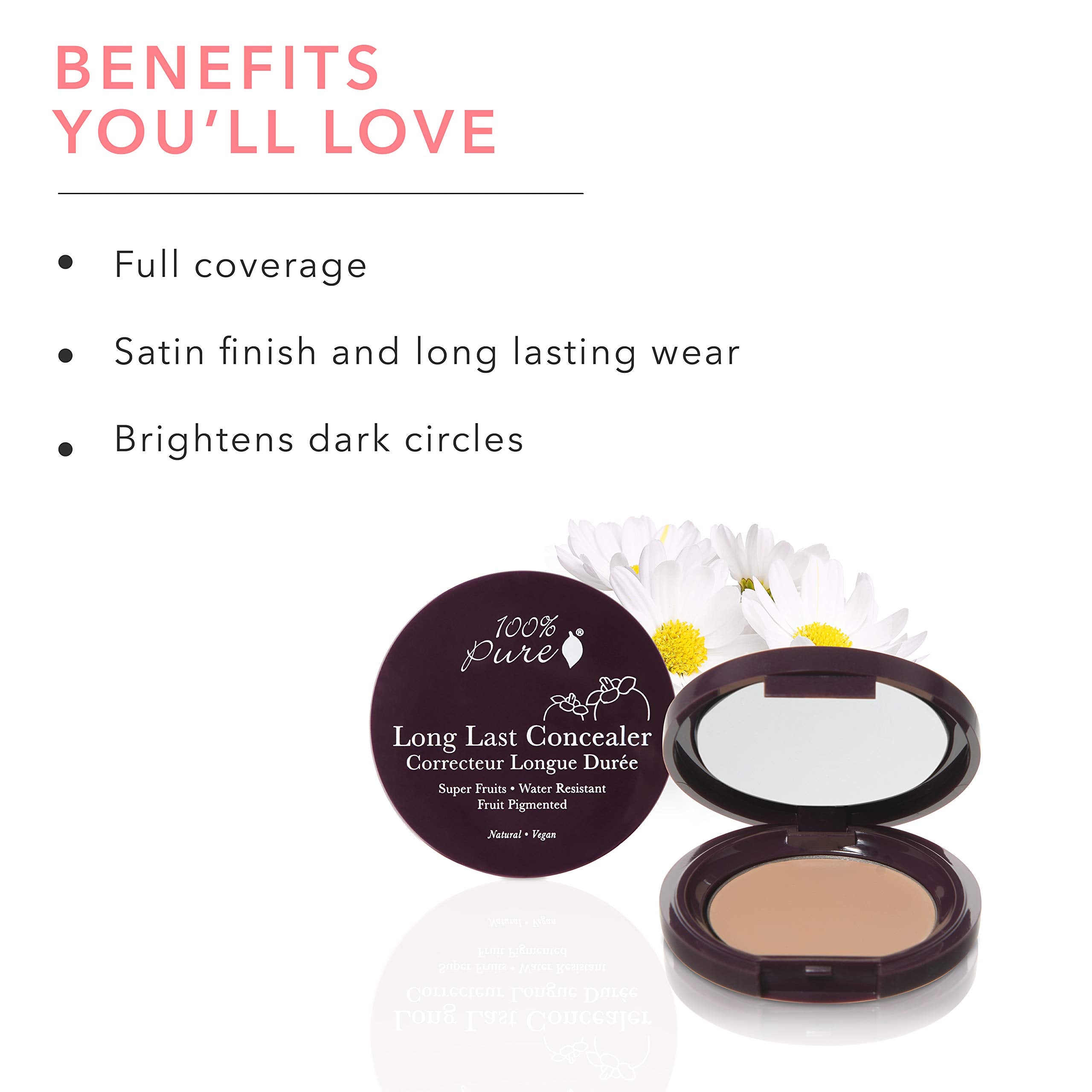 100% PURE Fruit Pigmented Long Last Compact Concealer, Golden Peach, Full Coverage Concealer, Diminish Dark Circles (Medium to Tan with Yellow Undertones) - 0.11oz
