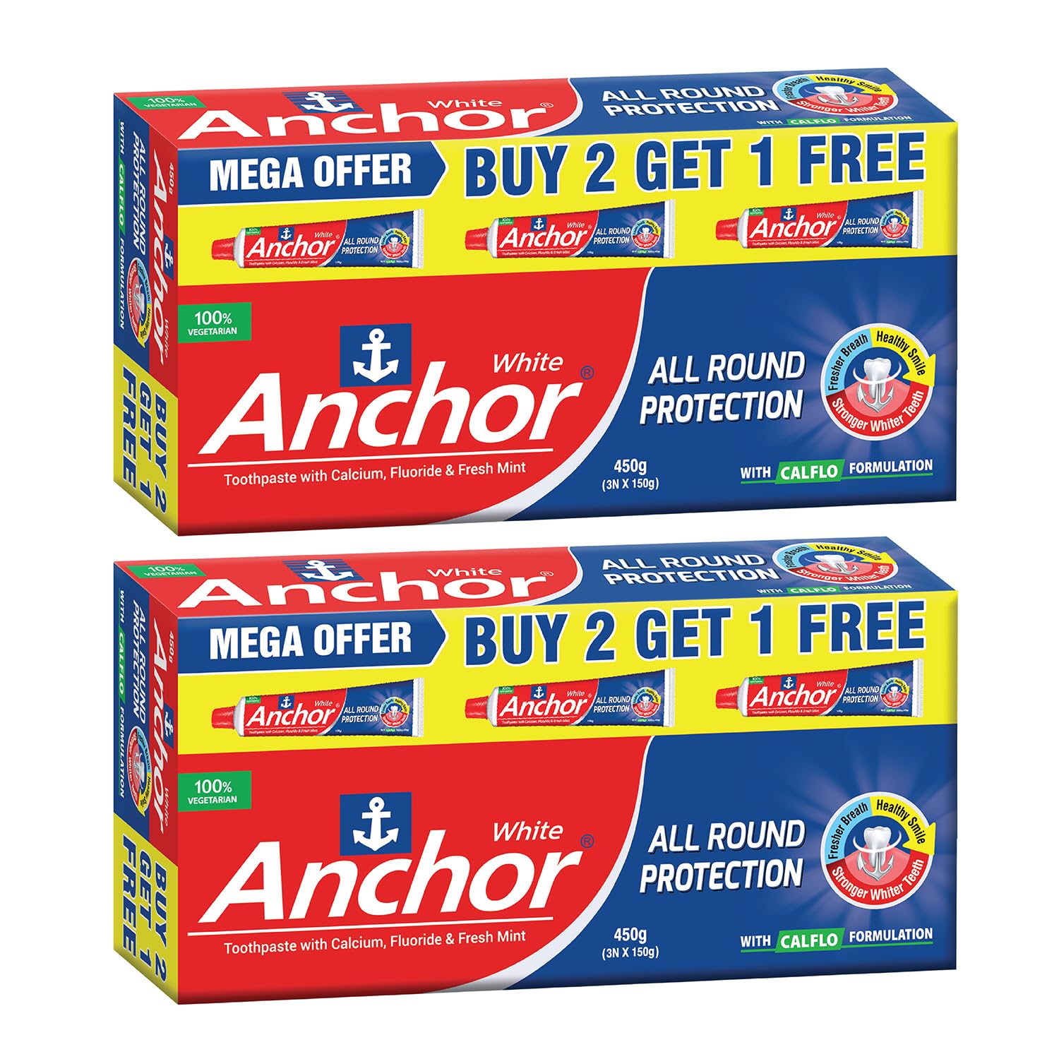 Anchor All Round Protection White Toothpaste 900g (450g x 2) | Fluoride & Calcium | Fresh Breath | 100% Vegetarian | Mega Offer Pack