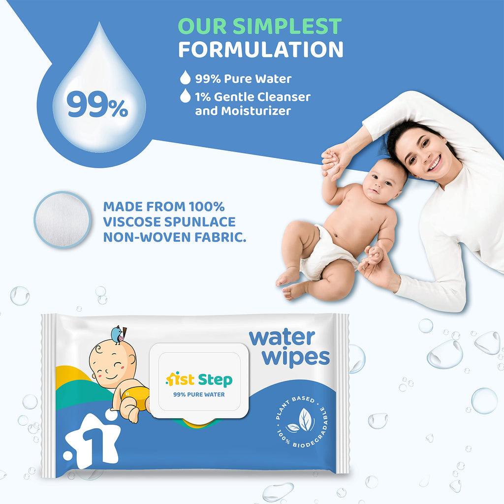 1st Step 99% Pure Water Baby Wipes with lid I Dermatologically Tested | Plant Based - 100% Biodegradable Wipes for Babies | Super Thick Polyester Free wet Wipes for Baby I Paraben Free with Aloevera & Calendula Extract | Alcohol Free Baby wipes |72 pcs/Pa