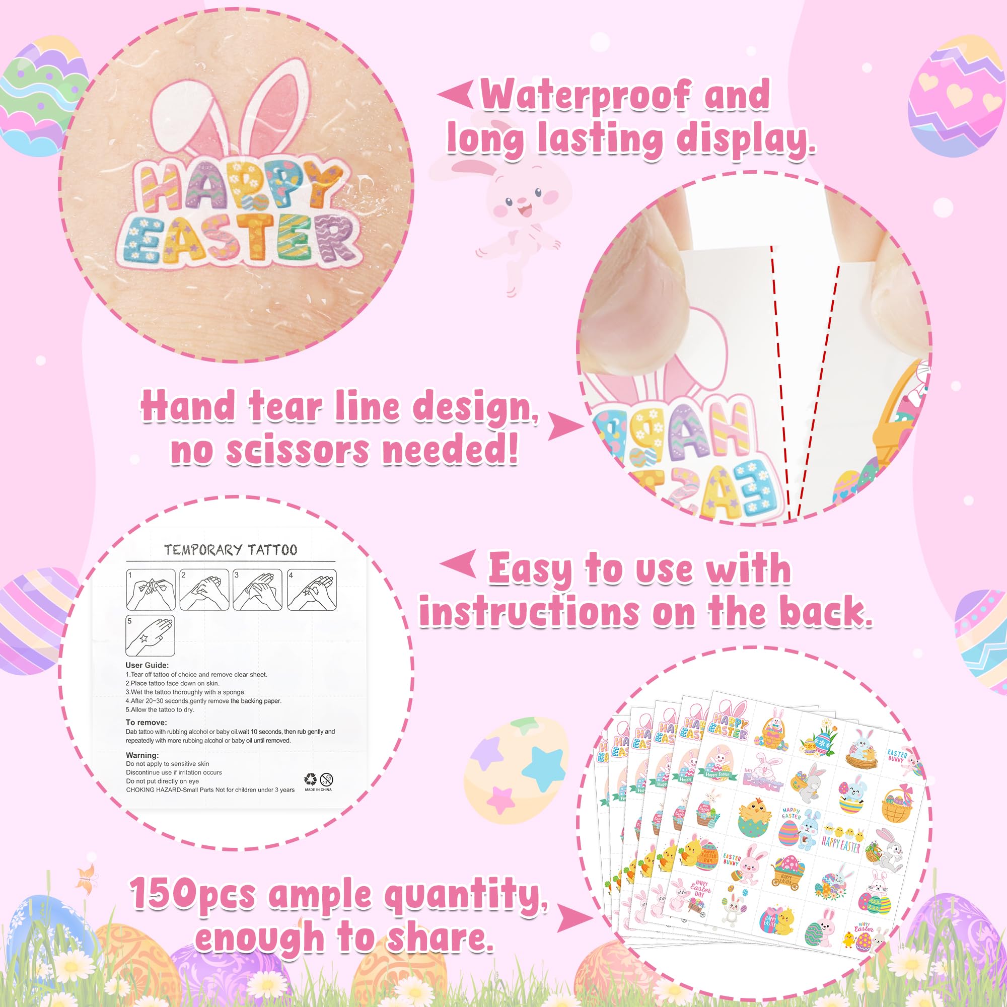 150 PCS Easter Tattoos, 6 Sheets Spring Basket Stuffers Fake Tattoos with Bunny Egg, Cute Individually Stickers for Easter Basket Filler Party Favors Accessories