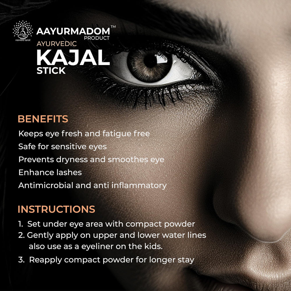 AAYURMADOM Semi-Matte Kajal Stick For All Age Groups Including Babies -100% Herbal Lead Free - Irritation-Free, Bee Wax With Pure Cow Ghee, Waterproof, Preservative-Free, No Tears,Multi