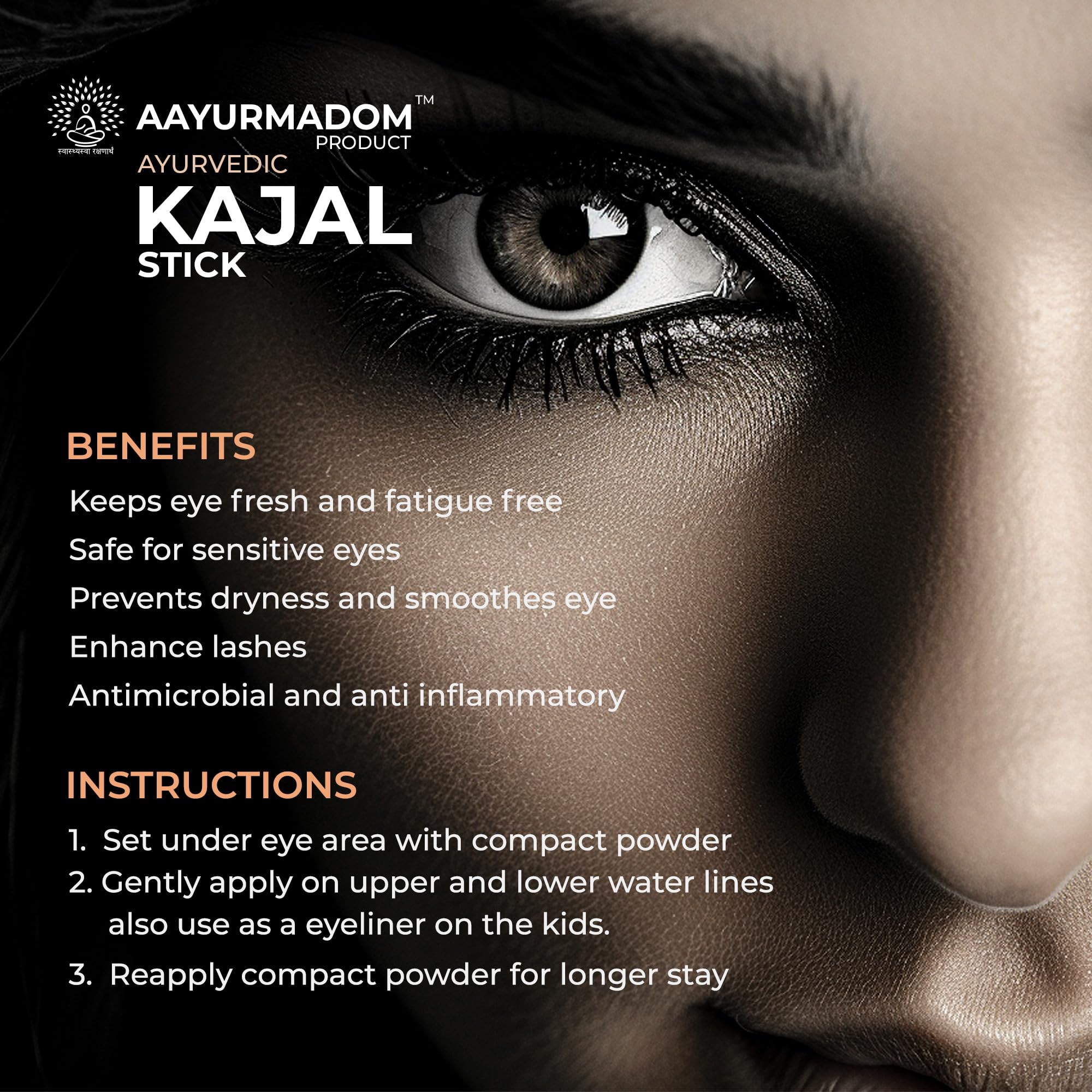 AAYURMADOM Semi-Matte Kajal Stick For All Age Groups Including Babies -100% Herbal Lead Free - Irritation-Free, Bee Wax With Pure Cow Ghee, Waterproof, Preservative-Free, No Tears,Multi