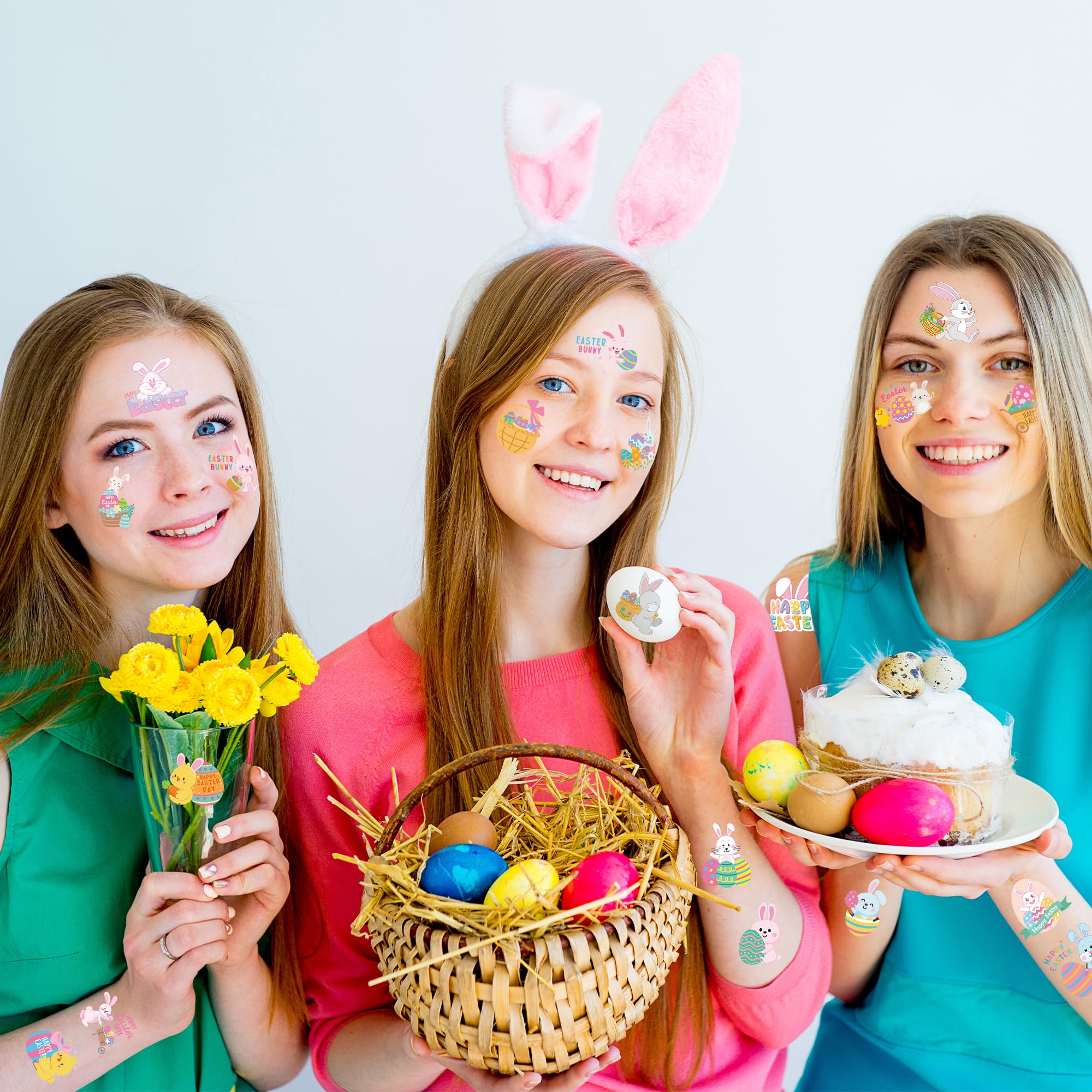 150 PCS Easter Tattoos, 6 Sheets Spring Basket Stuffers Fake Tattoos with Bunny Egg, Cute Individually Stickers for Easter Basket Filler Party Favors Accessories