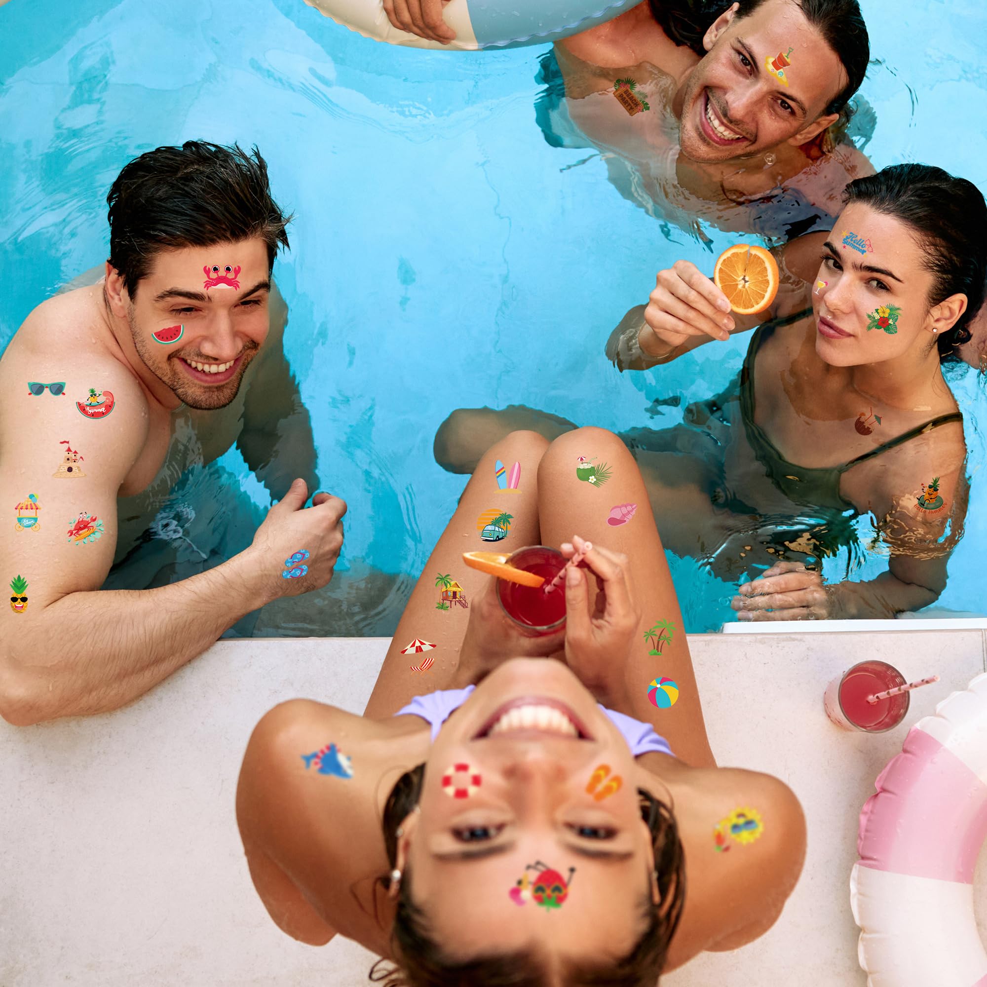 150 PCS Summer Temporary Tattoos, 6 Sheets Waterproof Fake Tattoos with Tropical Fruits Flamingos Hello Summer for Adults Pool Party, Hawaiian Stickers for Hawaiian Luau Party Favors Supplies