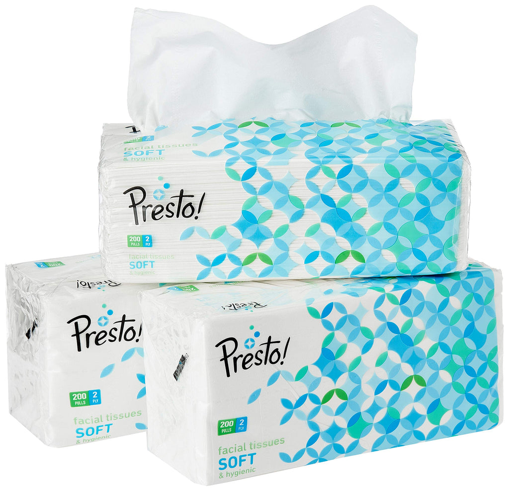 Amazon Brand - Presto! 2 Ply Facial Tissue Box | 600 Pulls | 200 Pulls X 3 Cartons | Soft And Highly Absorbent | 100% Natural Virgin Cellulose Fiber