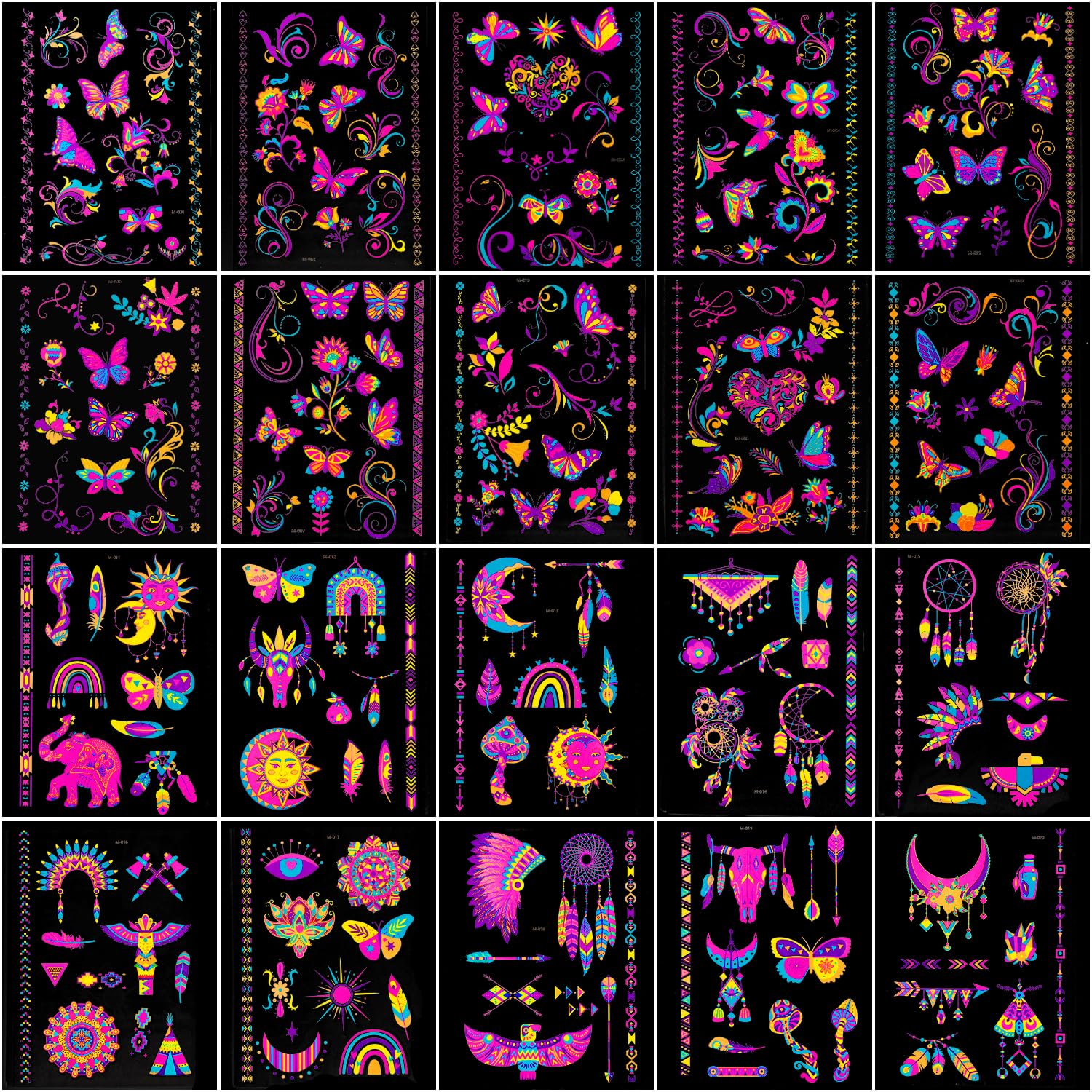 20sheets Butterfly UV Reactive Glow temporary tattoos, Neon UV Blacklight Reactive Cute Tattoos Stickers, Flower Waterproof Party Supplies Decoration, Party Favors, Gift