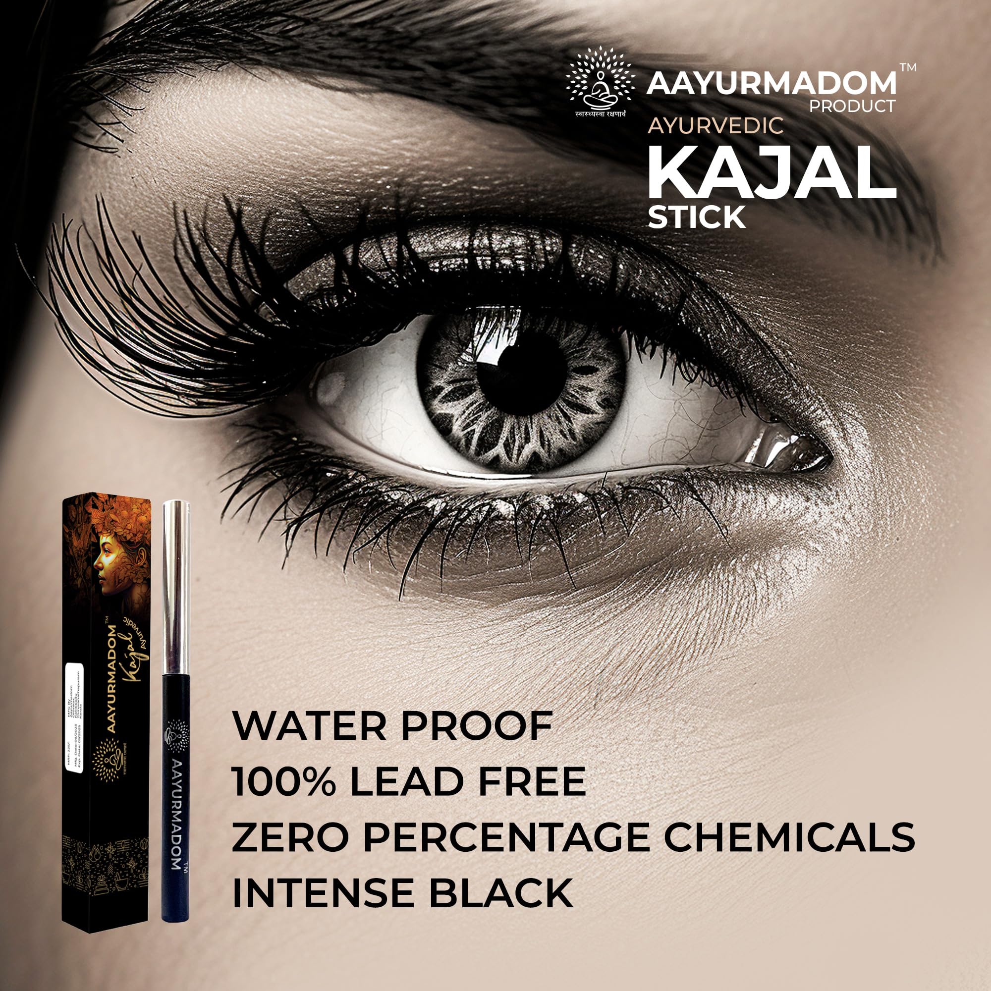AAYURMADOM Semi-Matte Kajal Stick For All Age Groups Including Babies -100% Herbal Lead Free - Irritation-Free, Bee Wax With Pure Cow Ghee, Waterproof, Preservative-Free, No Tears,Multi