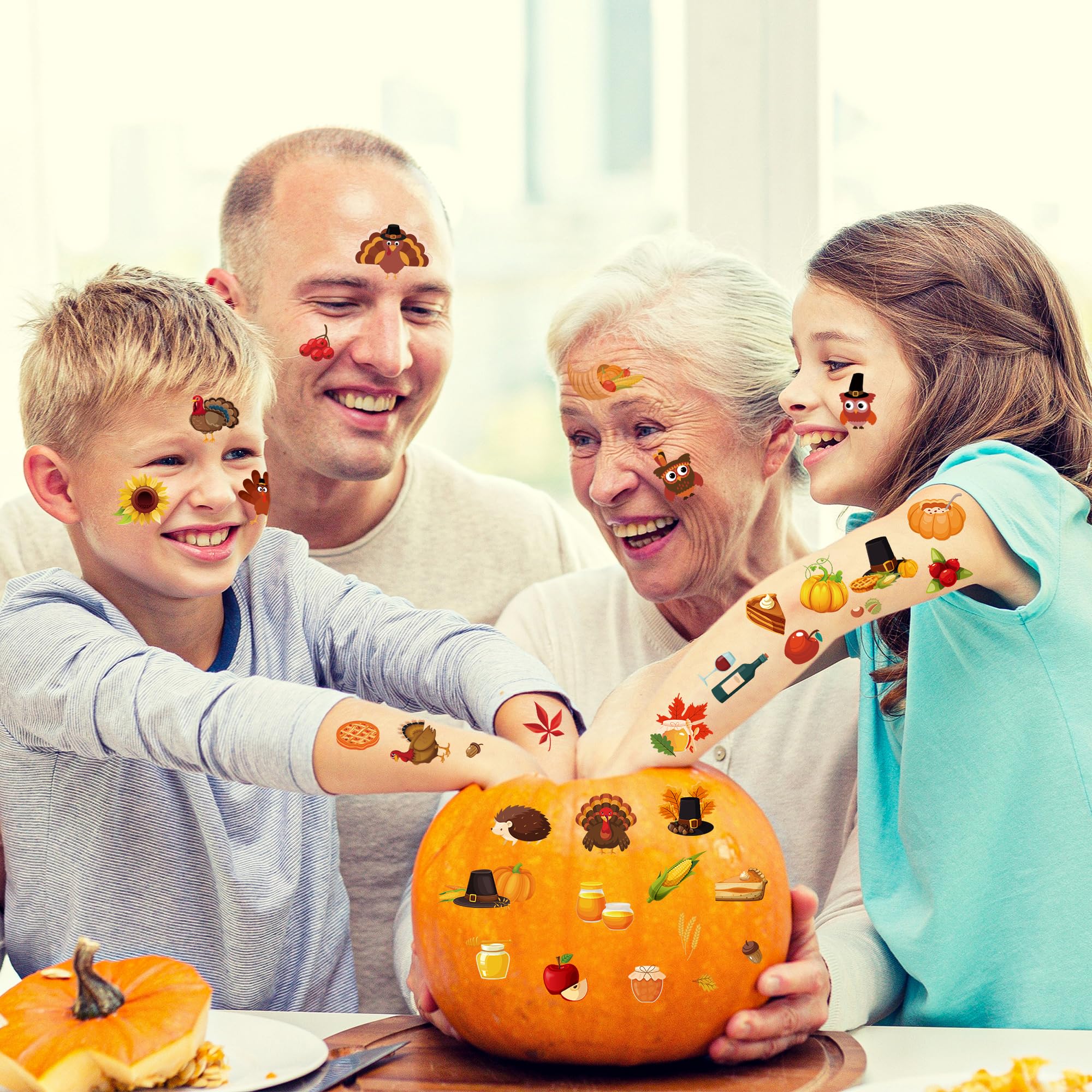 117PCS Thanksgiving Temporary Tattoos for Kids, 9 Sheets Thanksgiving Stickers Turkey Pumpkin Leaves Nuts Patterns, Fall Tattoos Stickers for Harvest Gathering Party Favors Accessories Decorations