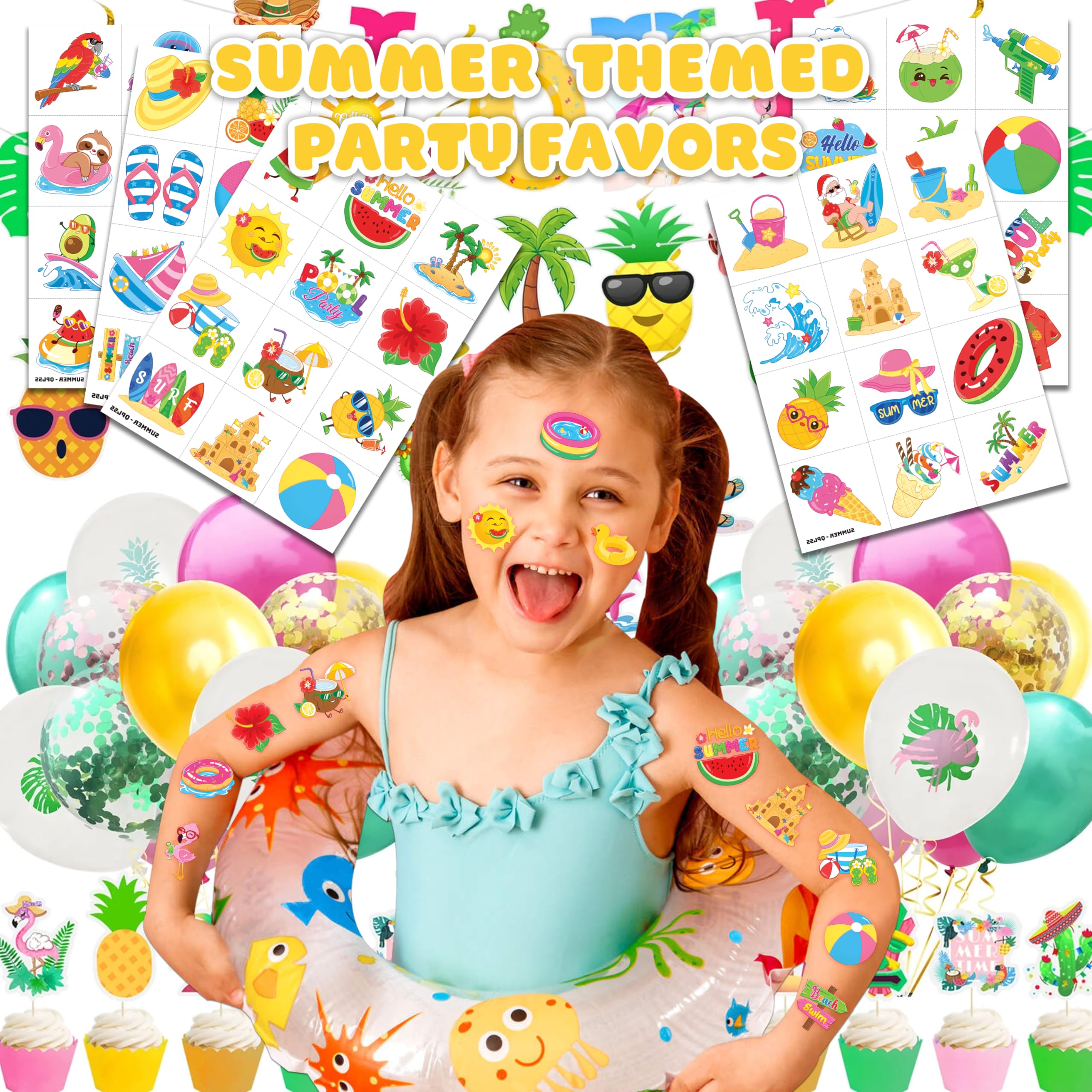 60 PCS Hello Summer Beach Pool Hawaiian Pre-Cut Temporary Tattoos for Kids | Super Cute Themed Birthday Party Favors, Supplies, Decorations, Fake Tattoo Stickers, School Rewards Gifts & Boys & Girls