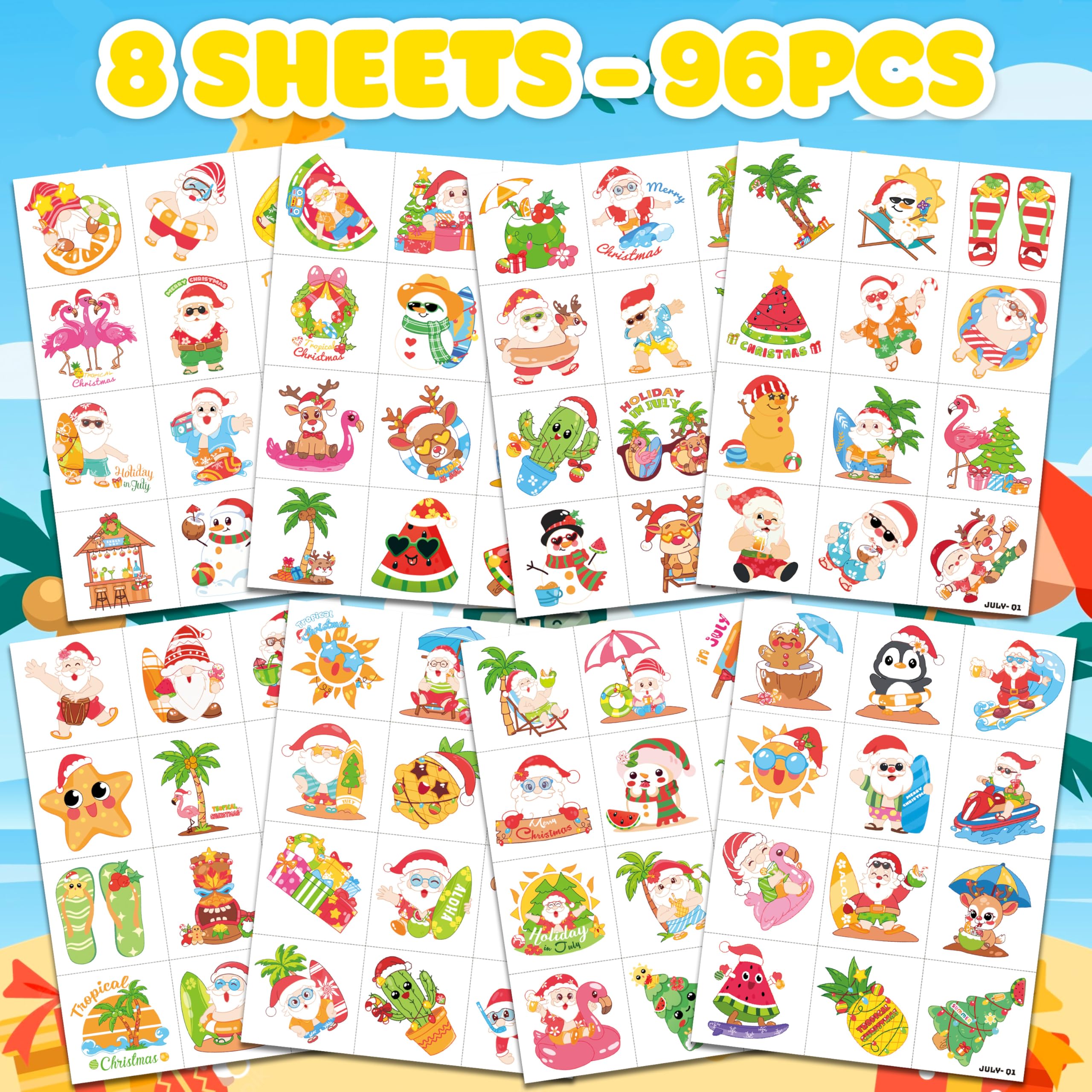 96 PCS Happy July Summer Holiday Pre-Cut Temporary Tattoos for Kids | Super Cute Themed Birthday Party Favors, Supplies, Decorations, Month Fake Tattoo Stickers, School Rewards & Gifts Boys & Girls