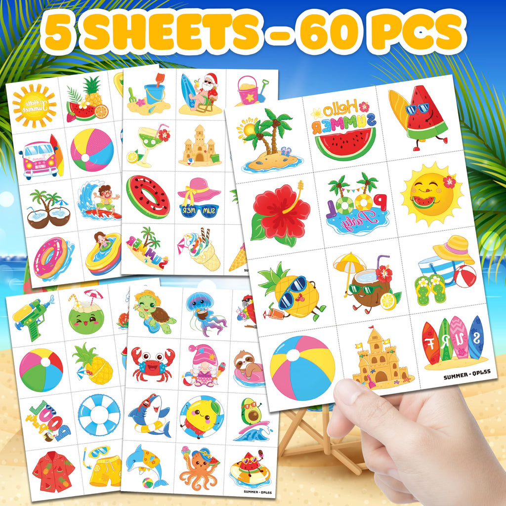 60 PCS Hello Summer Beach Pool Hawaiian Pre-Cut Temporary Tattoos for Kids | Super Cute Themed Birthday Party Favors, Supplies, Decorations, Fake Tattoo Stickers, School Rewards Gifts & Boys & Girls