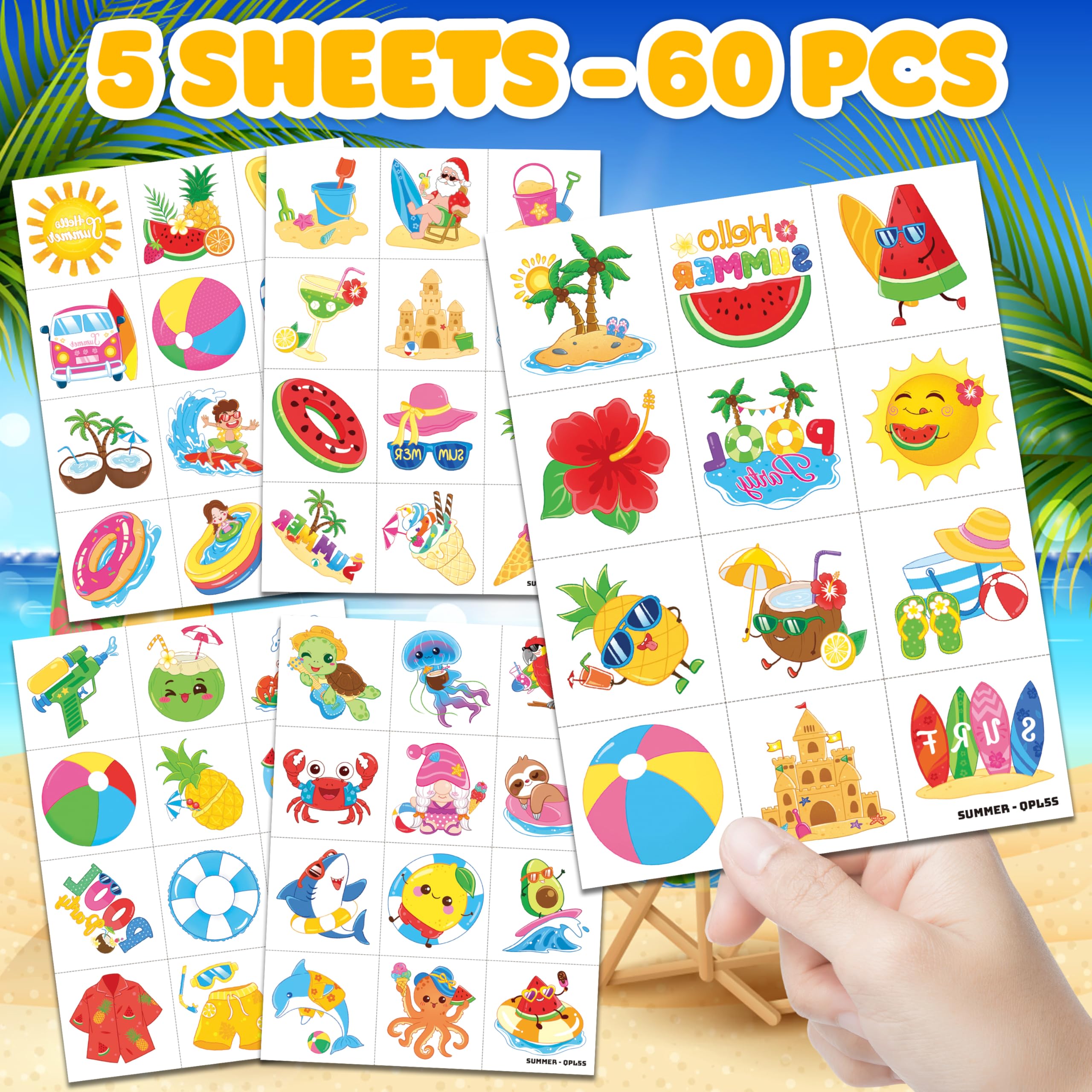 60 PCS Hello Summer Beach Pool Hawaiian Pre-Cut Temporary Tattoos for Kids | Super Cute Themed Birthday Party Favors, Supplies, Decorations, Fake Tattoo Stickers, School Rewards Gifts & Boys & Girls