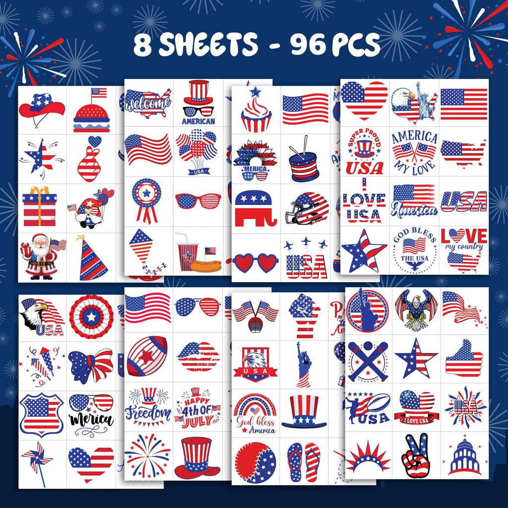 96 PCS American Flag Tattoos, 4th of July Temporary Tattoos, Red White and Blue Party Supplies, Gifts for Boys, Girls, Accessories for Independence Day, Memorial Day, Labor Day
