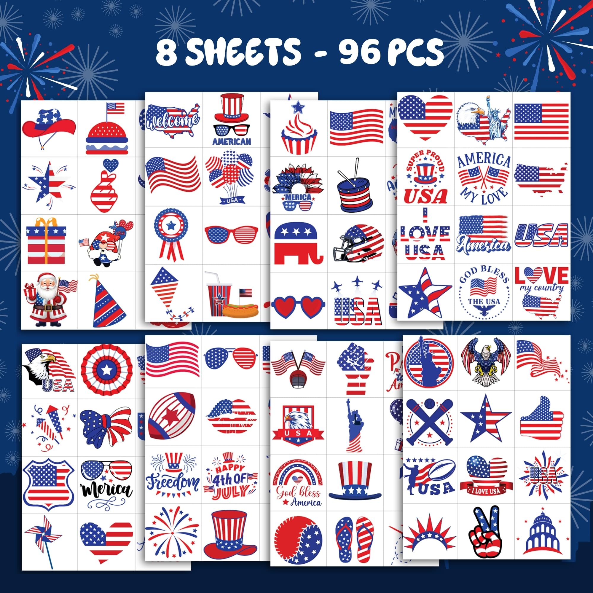 96 PCS American Flag Tattoos, 4th of July Temporary Tattoos, Red White and Blue Party Supplies, Gifts for Boys, Girls, Accessories for Independence Day, Memorial Day, Labor Day