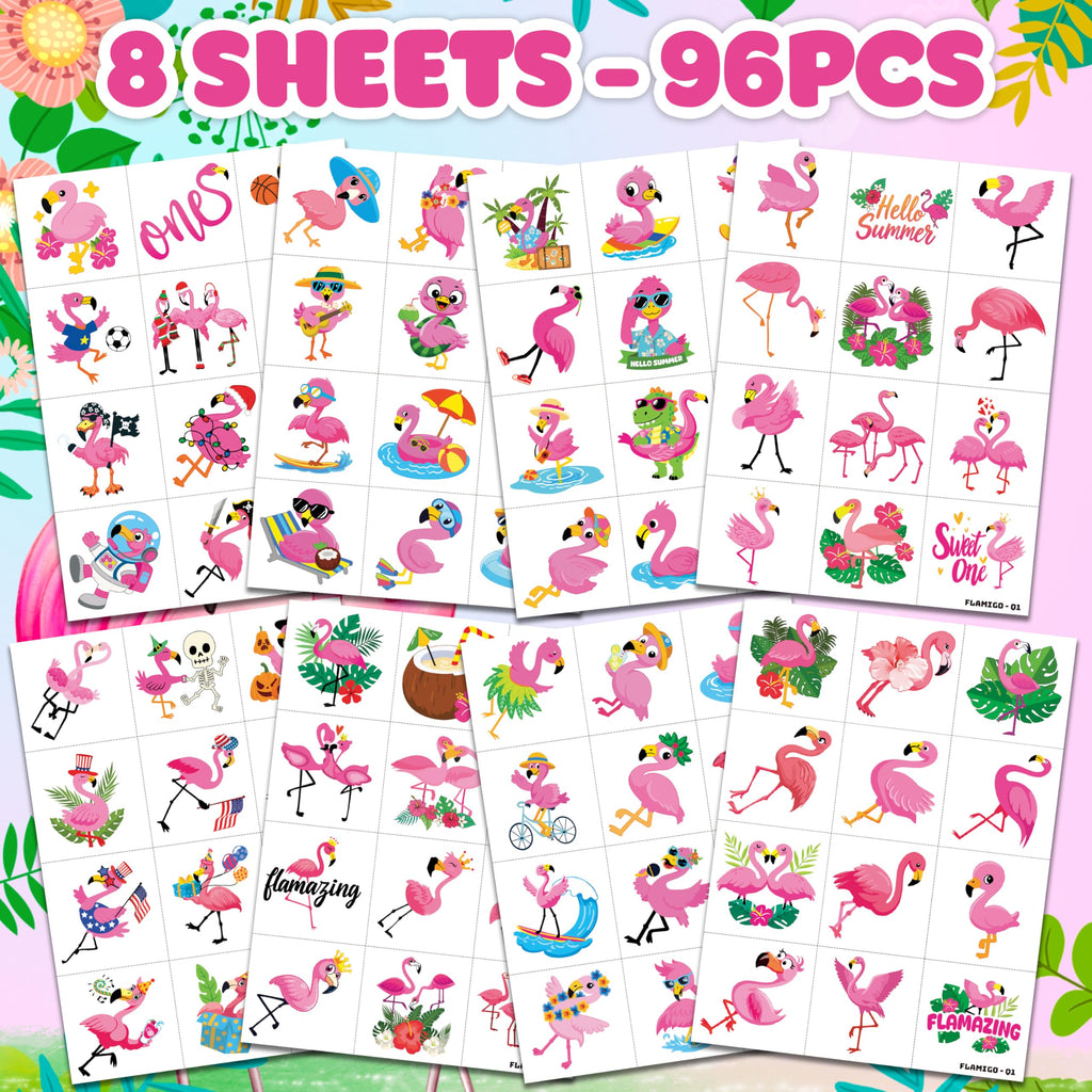 96 PCS Funny Cute Flamingo Summer Hawaiian Luau Pre-Cut Temporary Tattoos for Kids | Super Cute Themed Birthday Party Favors, Supplies, Decorations, Fake Tattoos, Rewards Gifts Boys Girls