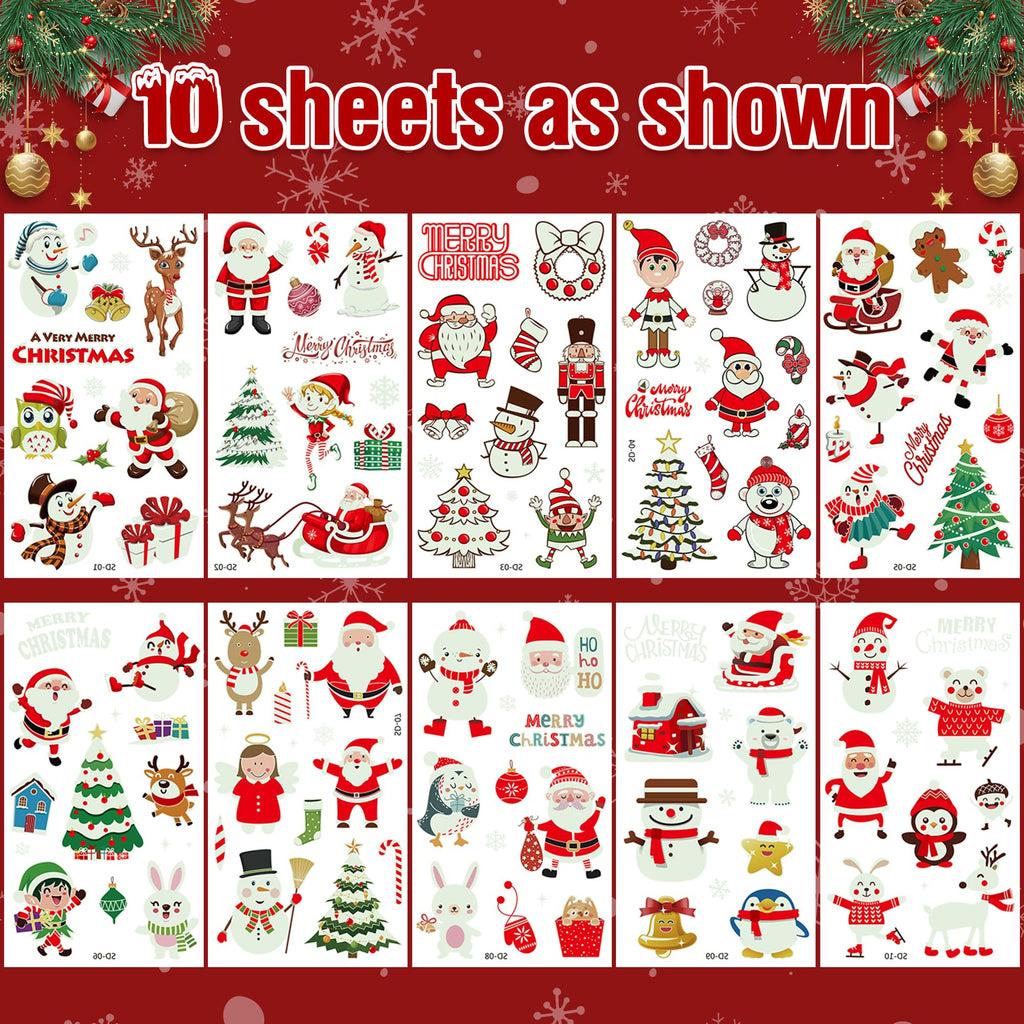 10 Sheets Luminous Christmas Tattoos, Christmas Temporary Tattoos, Bulk Stocking Stuffers, Merry Xmas Party Decorations Supplies, Xmas Goodie Bag Stuffers Candy
