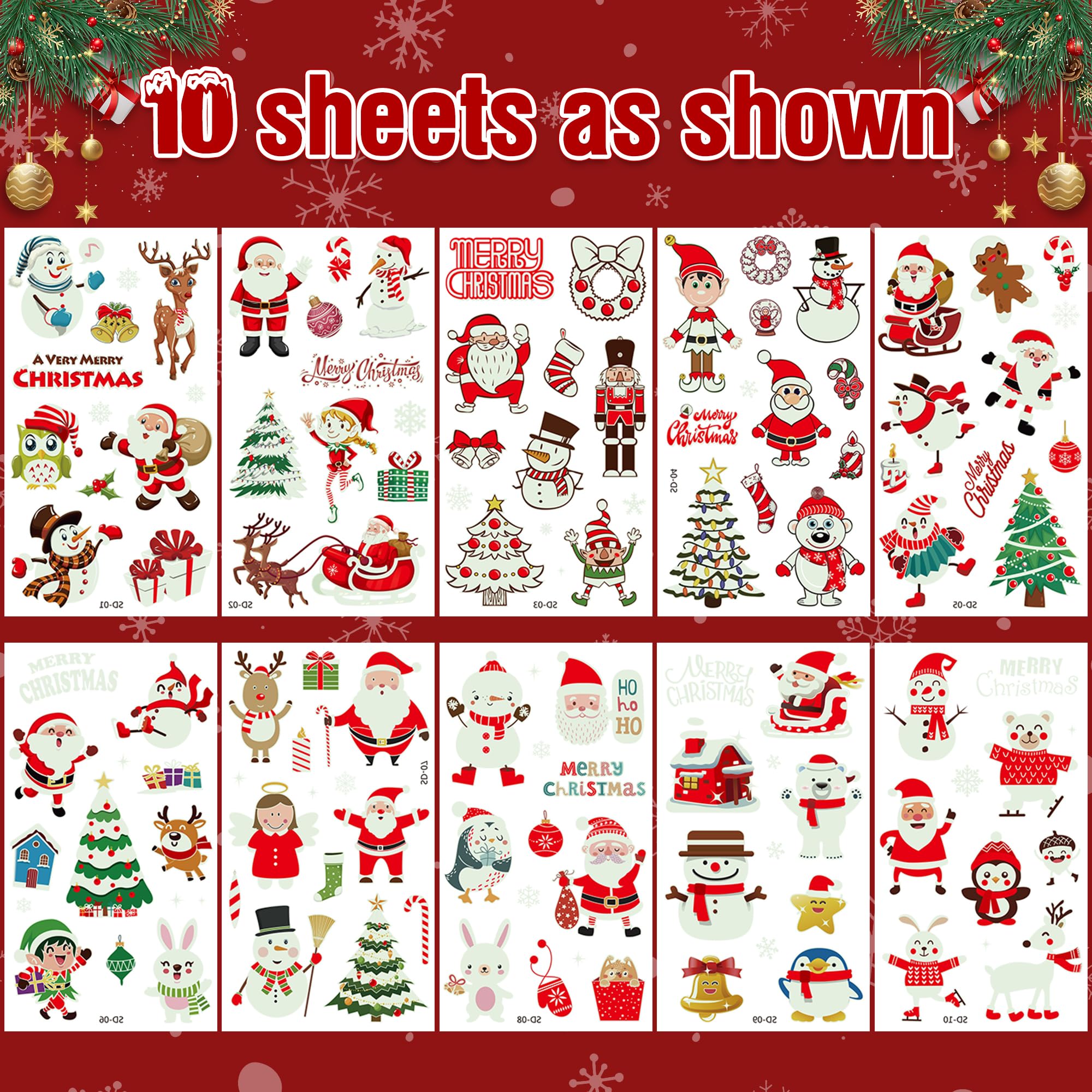 10 Sheets Luminous Christmas Tattoos, Christmas Temporary Tattoos, Bulk Stocking Stuffers, Merry Xmas Party Decorations Supplies, Xmas Goodie Bag Stuffers Candy