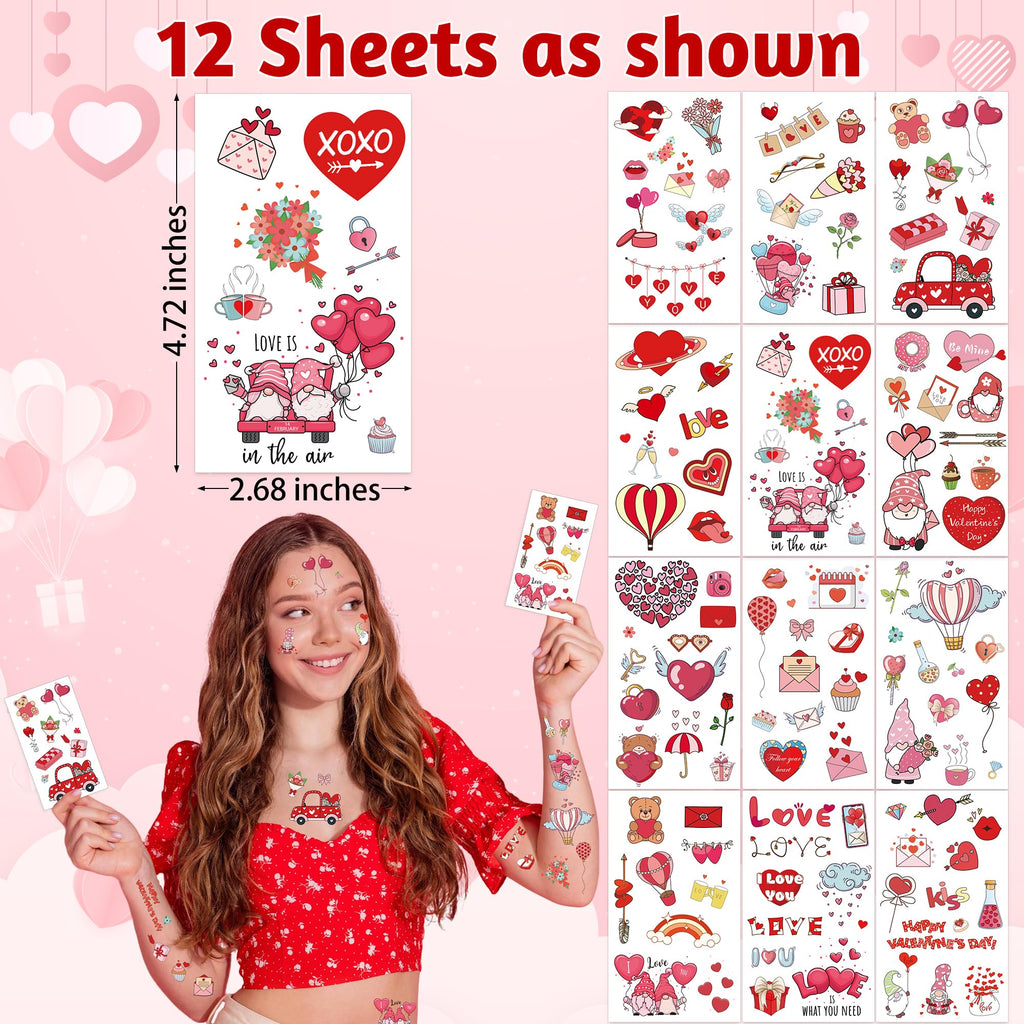 12 Sheets Luminous Valentine Tattoos, 115 PCS Heart Tattoos Temporary, Valentine Stuff, Romantic Valentines Party Favors for School Class Holiday Supplies