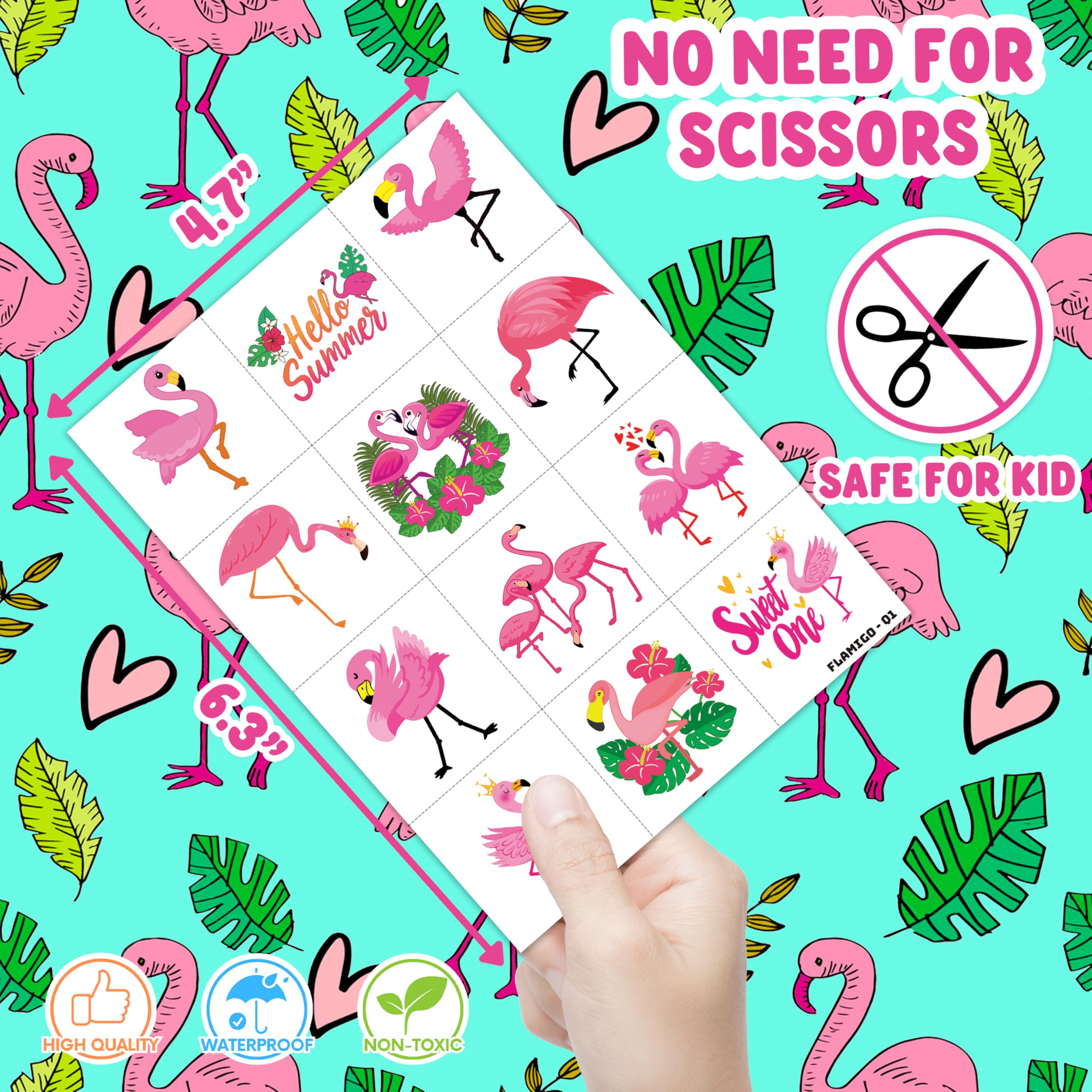 96 PCS Funny Cute Flamingo Summer Hawaiian Luau Pre-Cut Temporary Tattoos for Kids | Super Cute Themed Birthday Party Favors, Supplies, Decorations, Fake Tattoos, Rewards Gifts Boys Girls