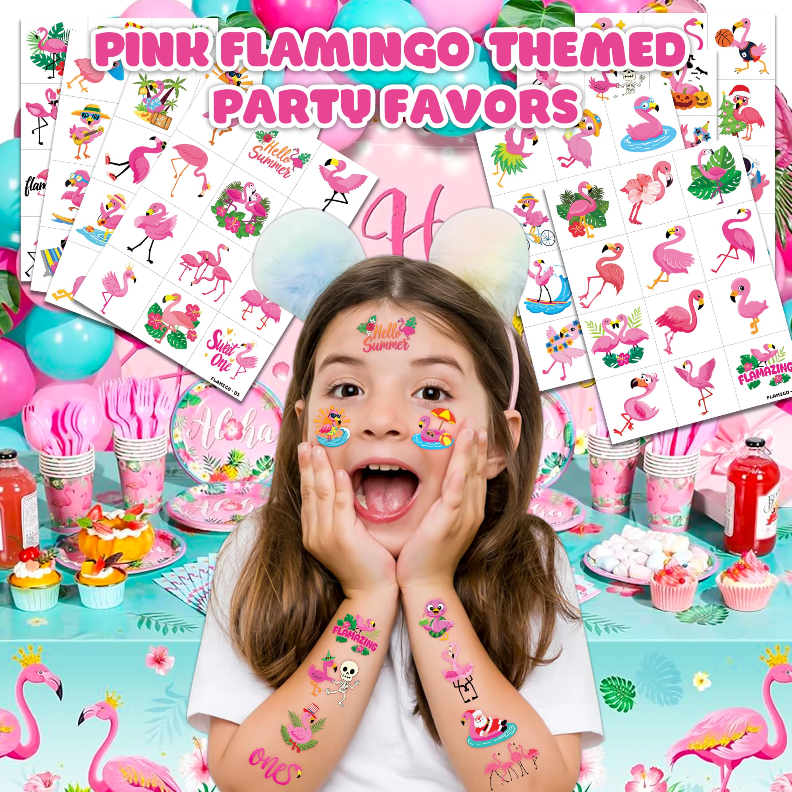 96 PCS Funny Cute Flamingo Summer Hawaiian Luau Pre-Cut Temporary Tattoos for Kids | Super Cute Themed Birthday Party Favors, Supplies, Decorations, Fake Tattoos, Rewards Gifts Boys Girls