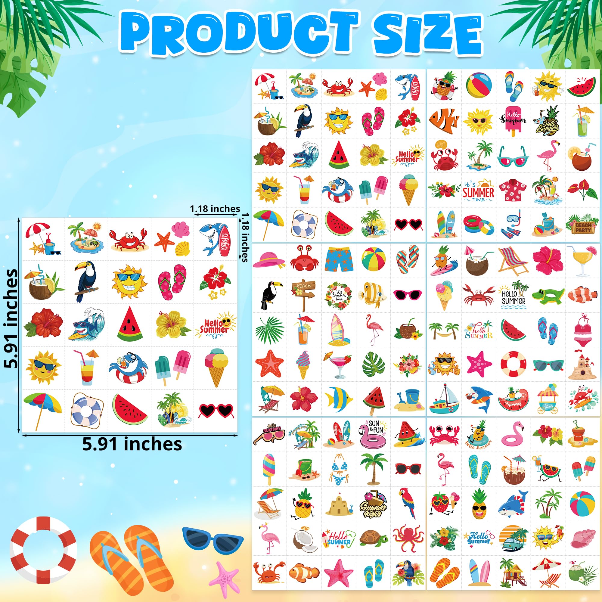 150 PCS Summer Temporary Tattoos, 6 Sheets Waterproof Fake Tattoos with Tropical Fruits Flamingos Hello Summer for Adults Pool Party, Hawaiian Stickers for Hawaiian Luau Party Favors Supplies